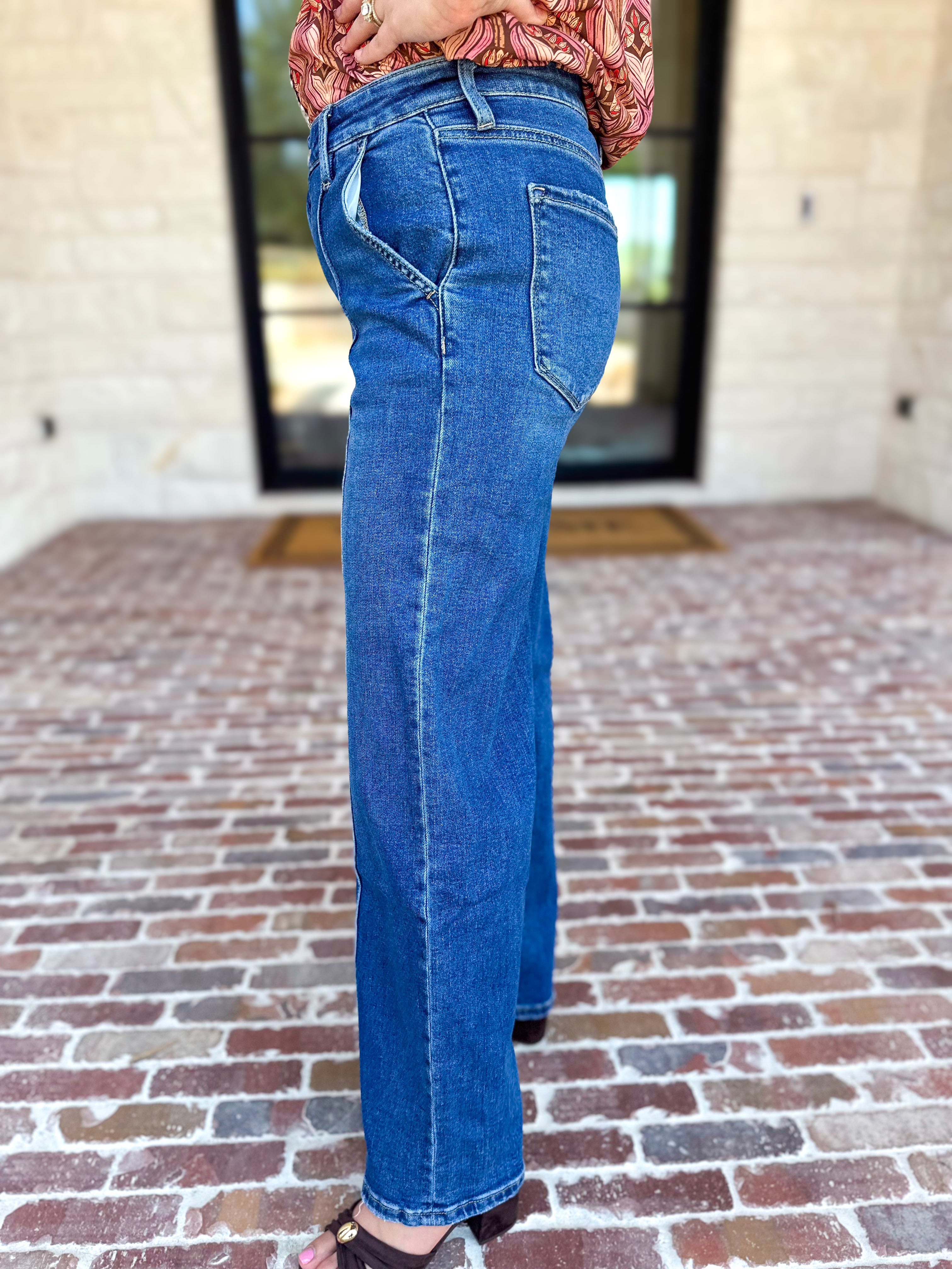 Vervet - Pin Tick High Rise Wide Leg Jeans-420 Denim-VEVERT BY FLYING MONKEY-July & June Women's Fashion Boutique Located in San Antonio, Texas