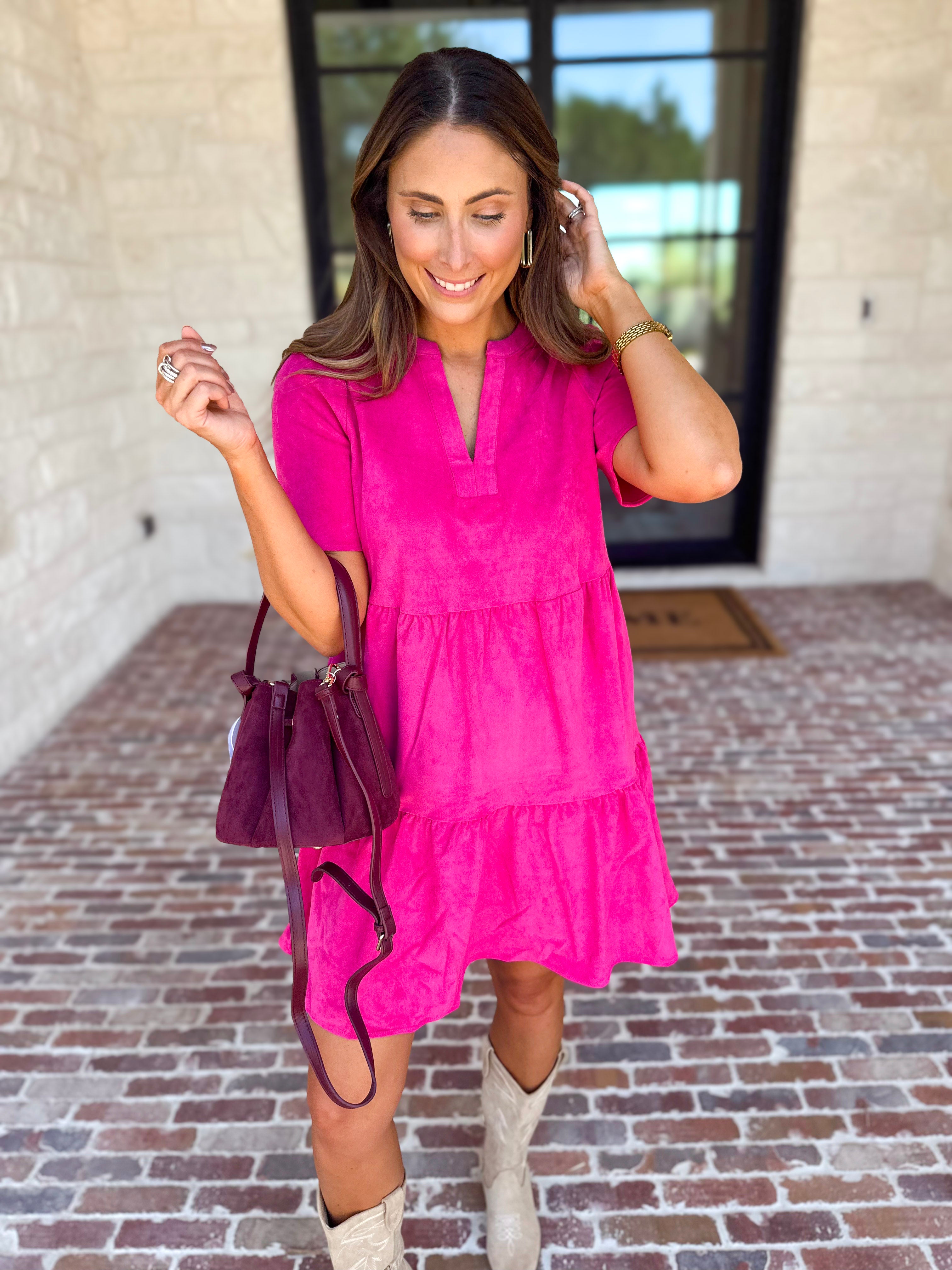 Mary Square - Soft Suede Mini Dress - Hot Pink-510 Mini-MARY SQUARE-July & June Women's Fashion Boutique Located in San Antonio, Texas