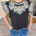 THML - Black Flutter Sleeve Embroidered Blouse-200 Fashion Blouses-THML-July & June Women's Fashion Boutique Located in San Antonio, Texas