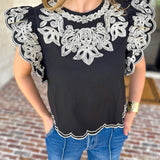 THML - Black Flutter Sleeve Embroidered Blouse-200 Fashion Blouses-THML-July & June Women's Fashion Boutique Located in San Antonio, Texas