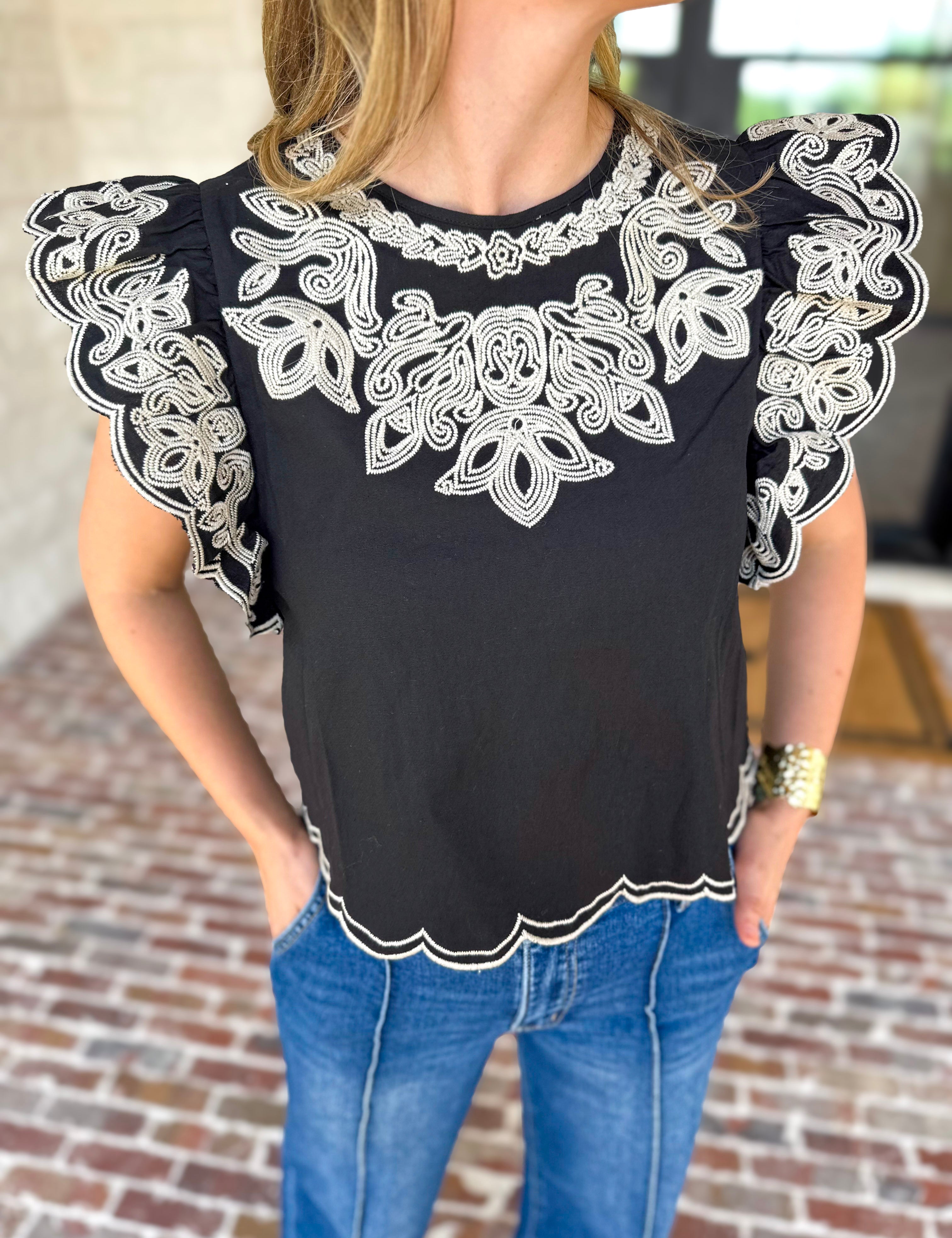THML - Black Flutter Sleeve Embroidered Blouse-200 Fashion Blouses-THML-July & June Women's Fashion Boutique Located in San Antonio, Texas