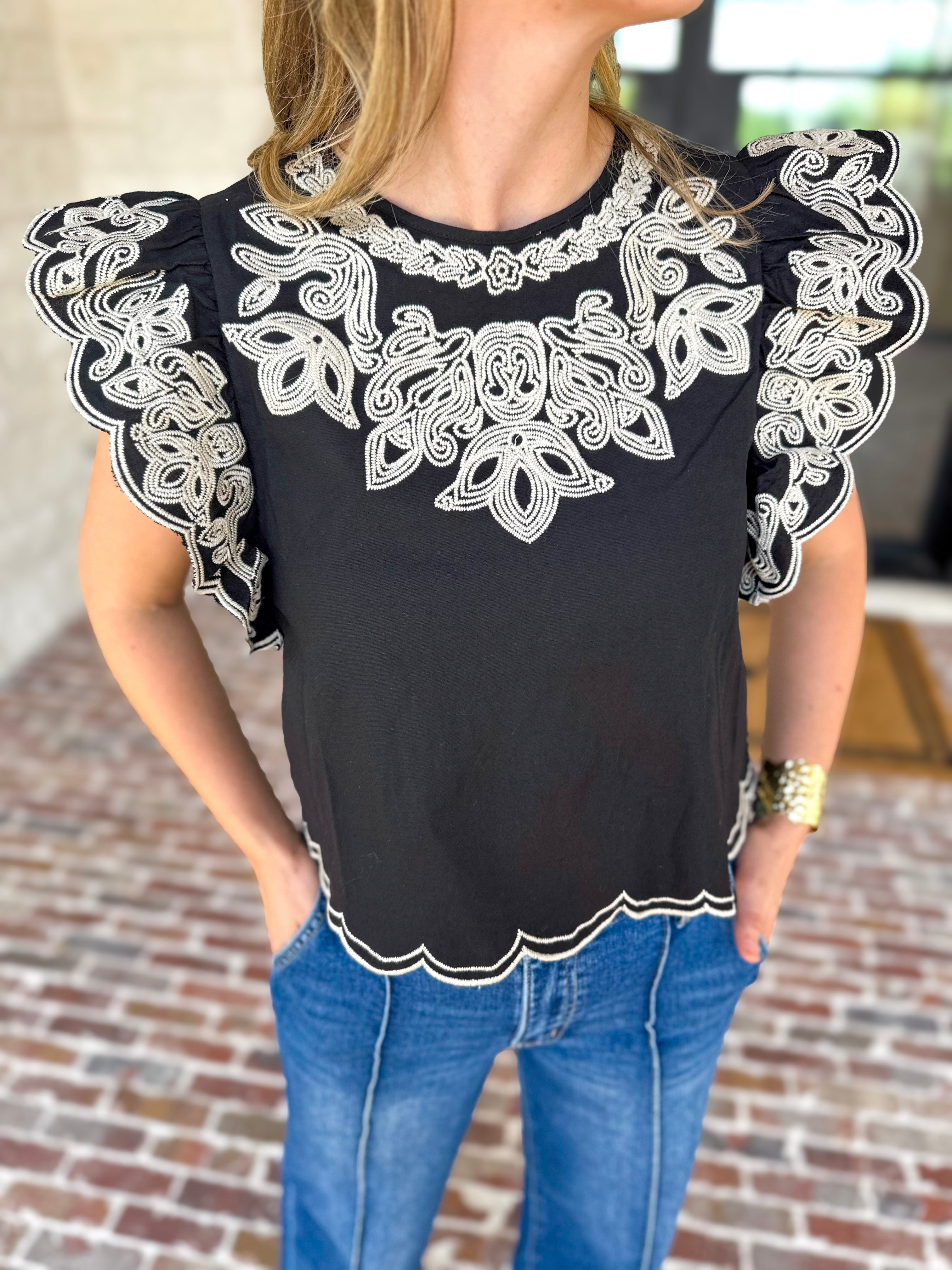 THML - Black Flutter Sleeve Embroidered Blouse-200 Fashion Blouses-THML-July & June Women's Fashion Boutique Located in San Antonio, Texas