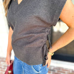 Liverpool - V-Neck Cinch Knit Top - Charcoal-230 Sweaters/Cardis-LIVERPOOL JEANS COMPANY-July & June Women's Fashion Boutique Located in San Antonio, Texas