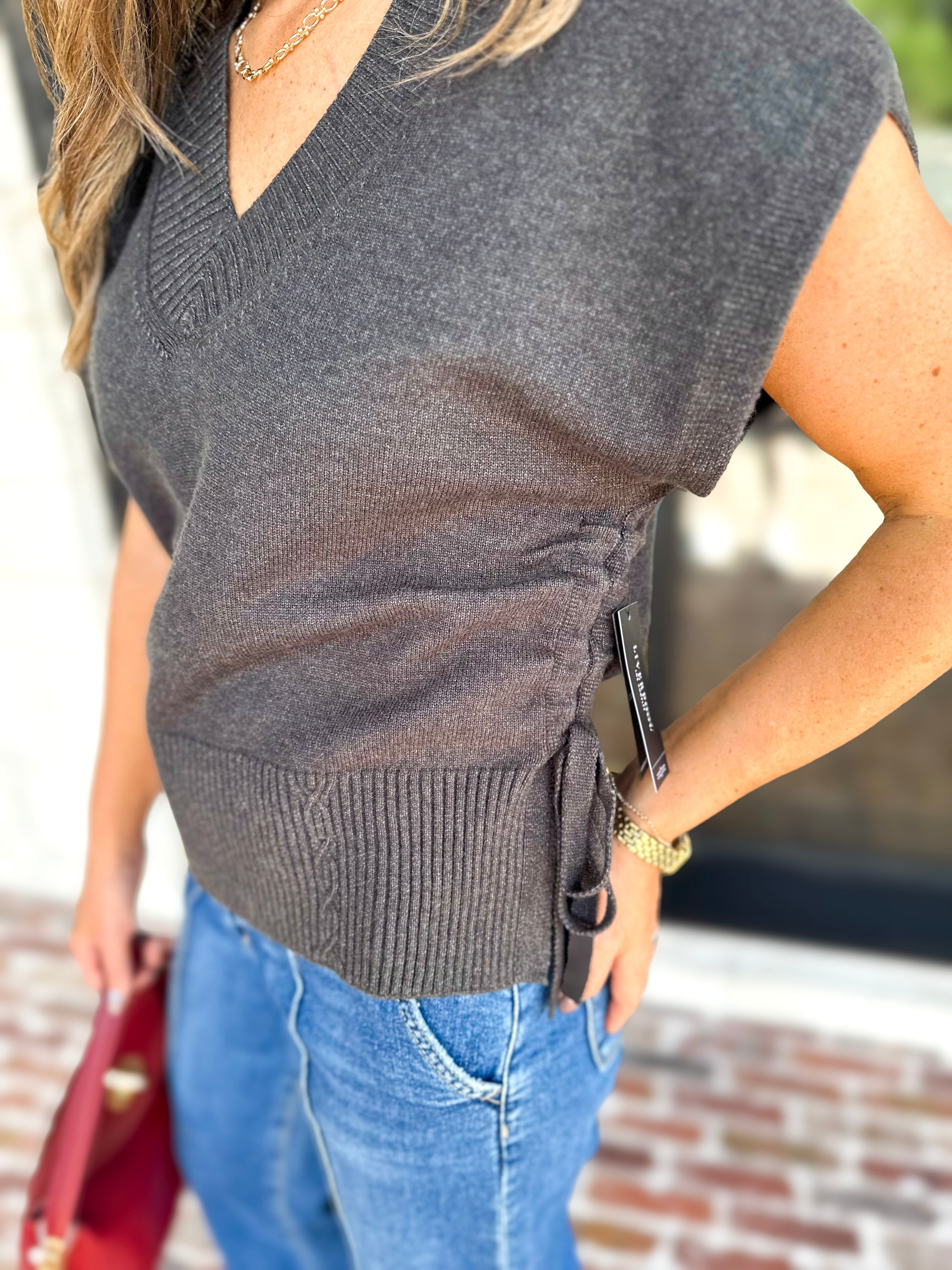 Liverpool - V-Neck Cinch Knit Top - Charcoal-230 Sweaters/Cardis-LIVERPOOL JEANS COMPANY-July & June Women's Fashion Boutique Located in San Antonio, Texas