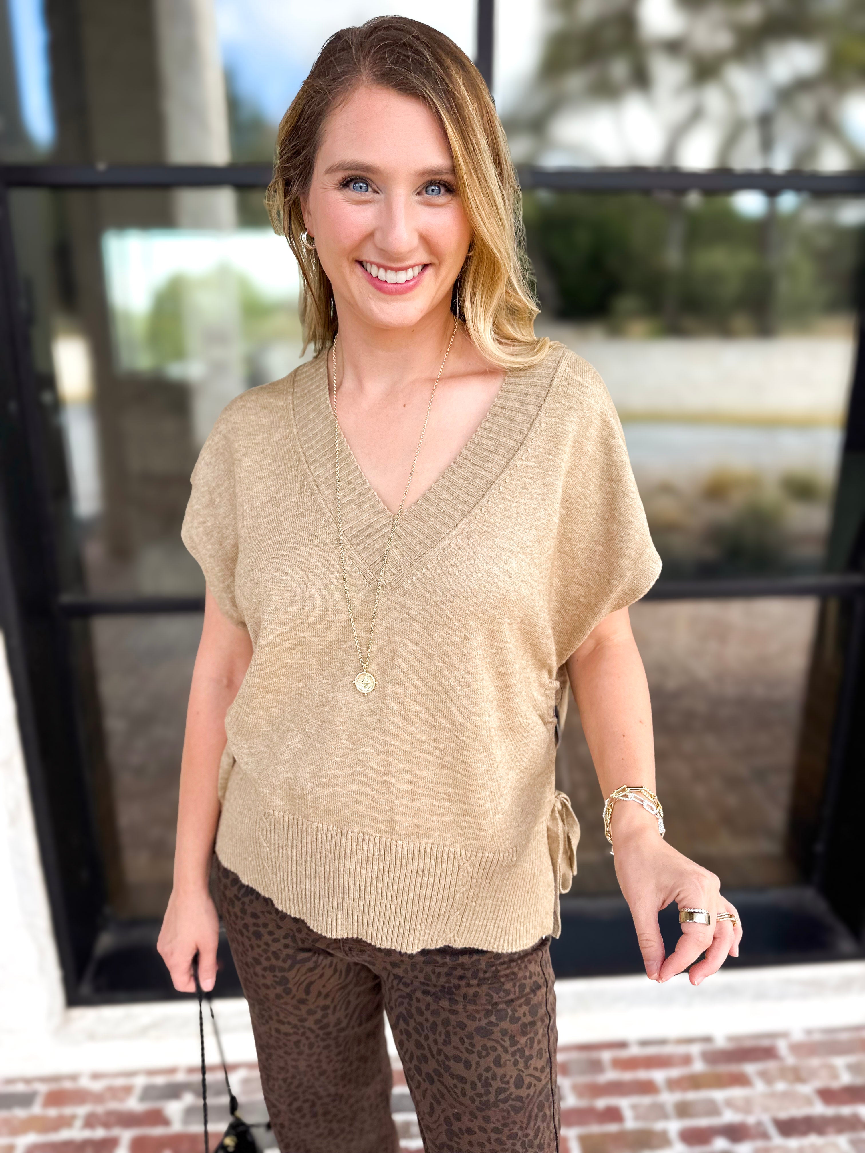 Liverpool - V-Neck Cinch Knit Top - Toasted Tan-230 Sweaters/Cardis-LIVERPOOL JEANS COMPANY-July & June Women's Fashion Boutique Located in San Antonio, Texas
