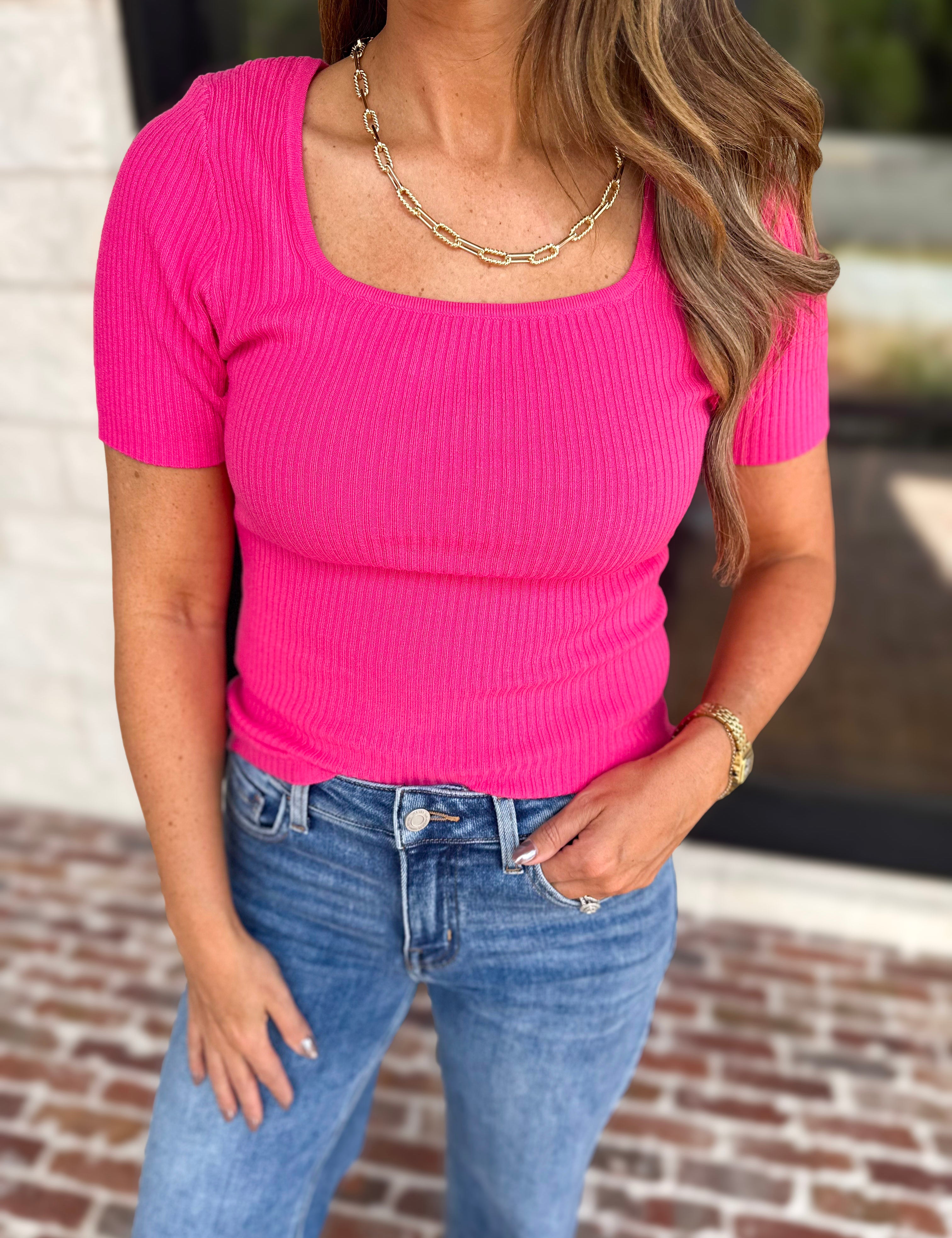 Ribbed Square Neck Knit Top - Hot Pink-230 Sweaters/Cardis-ALLIE ROSE-July & June Women's Fashion Boutique Located in San Antonio, Texas