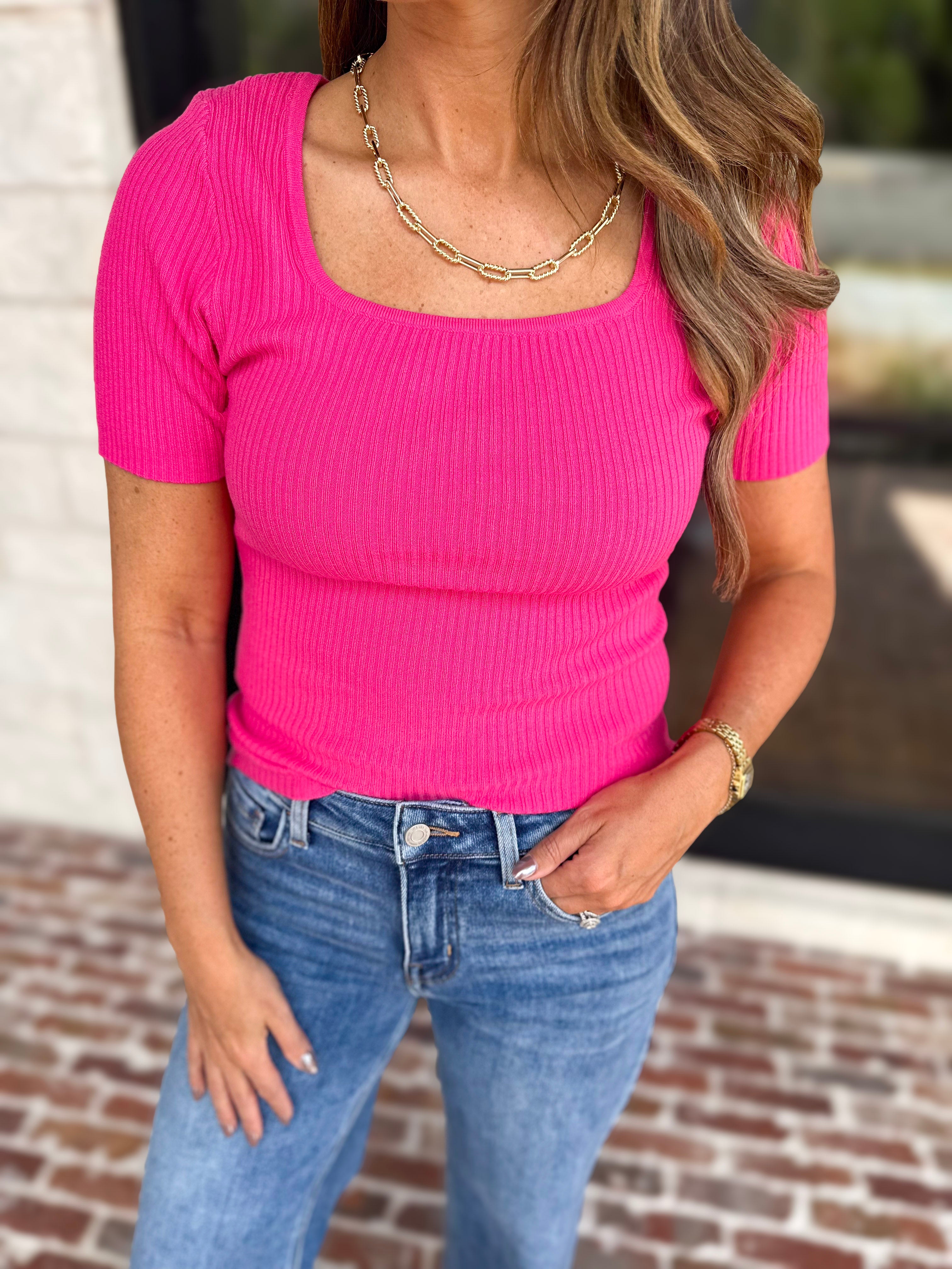 Ribbed Square Neck Knit Top - Hot Pink-230 Sweaters/Cardis-ALLIE ROSE-July & June Women's Fashion Boutique Located in San Antonio, Texas