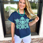 Coastal Embroidered Blouse - Navy-200 Fashion Blouses-JODIFL-July & June Women's Fashion Boutique Located in San Antonio, Texas