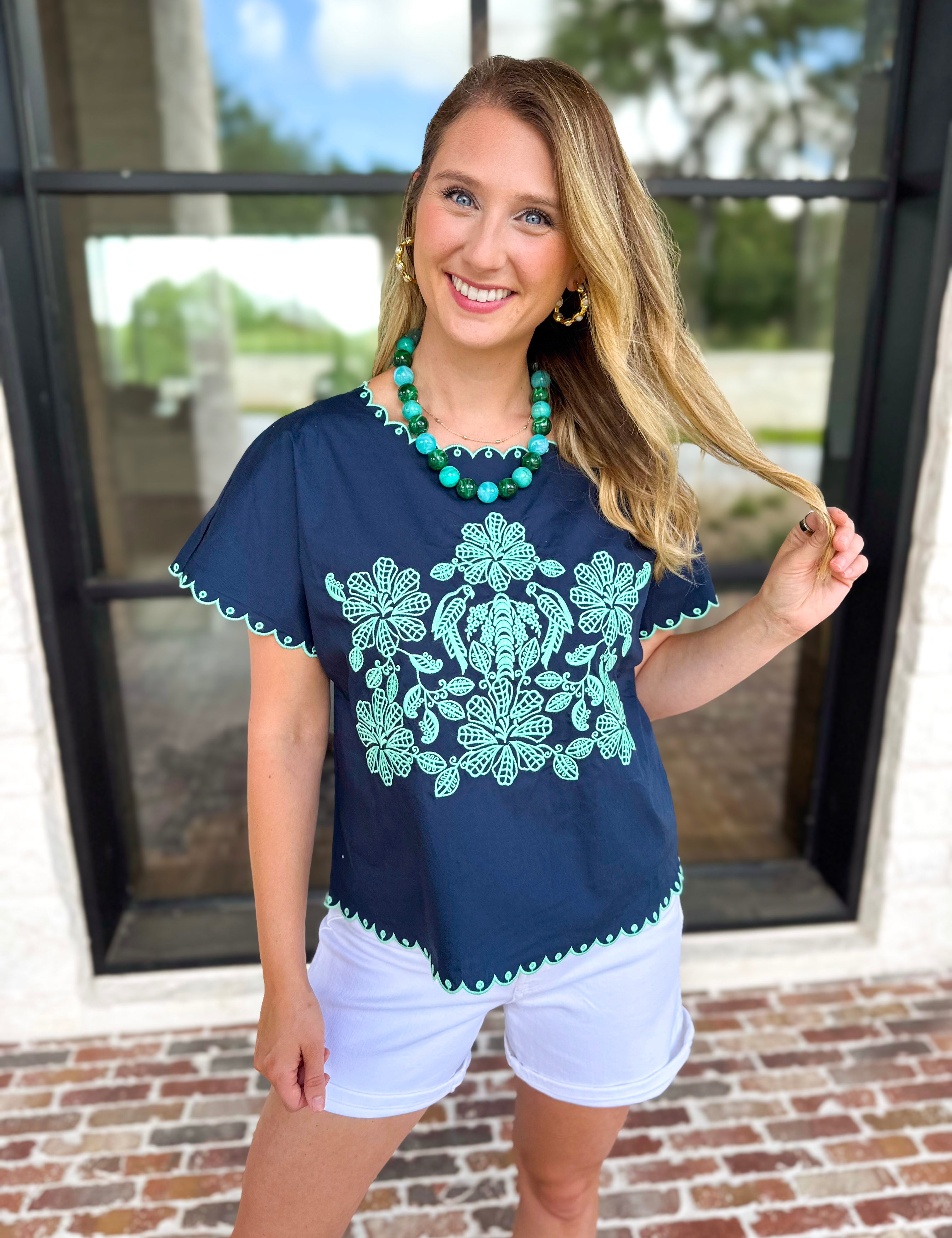 Coastal Embroidered Blouse - Navy-200 Fashion Blouses-JODIFL-July & June Women's Fashion Boutique Located in San Antonio, Texas