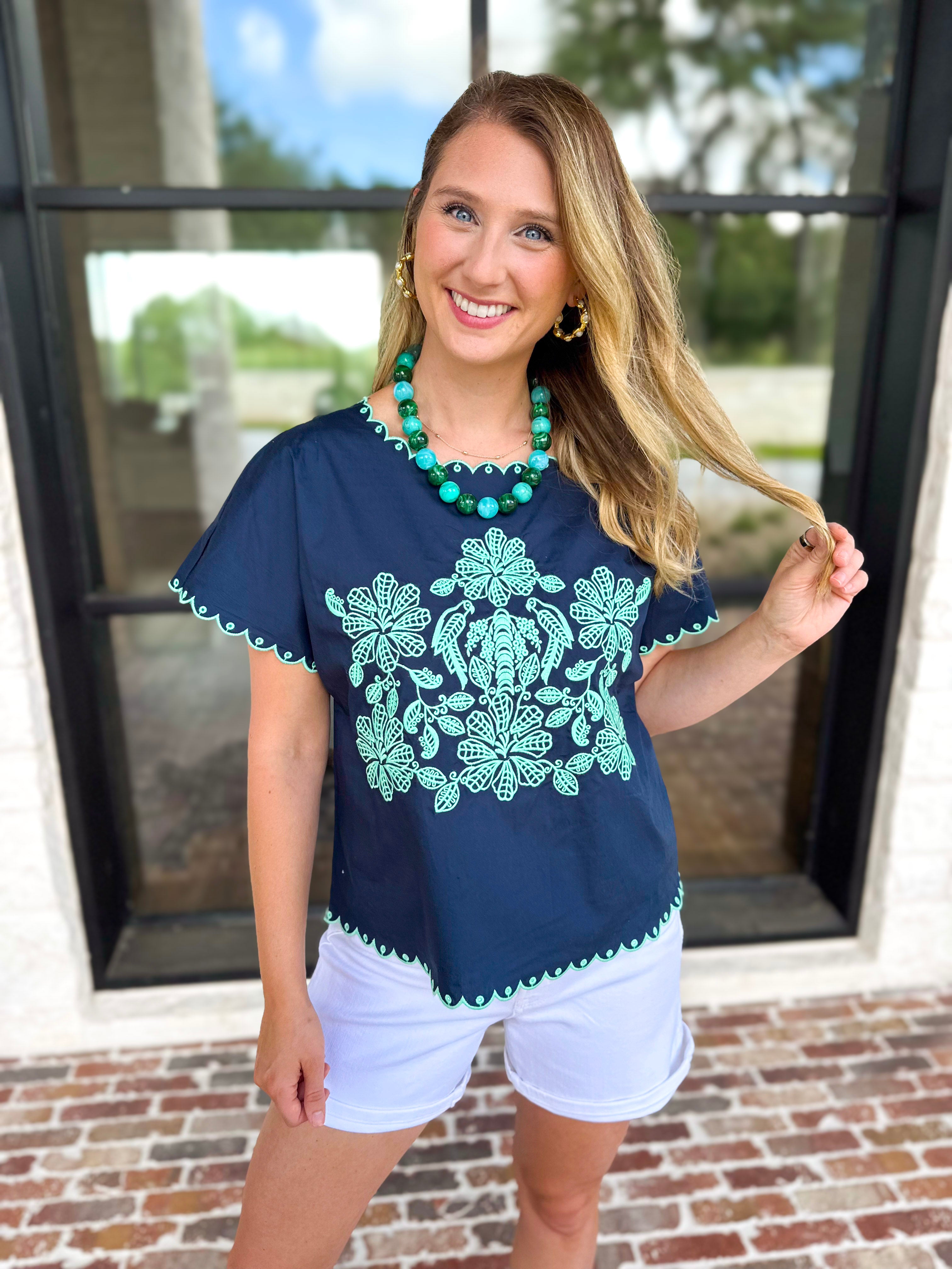 Coastal Embroidered Blouse - Navy-200 Fashion Blouses-JODIFL-July & June Women's Fashion Boutique Located in San Antonio, Texas