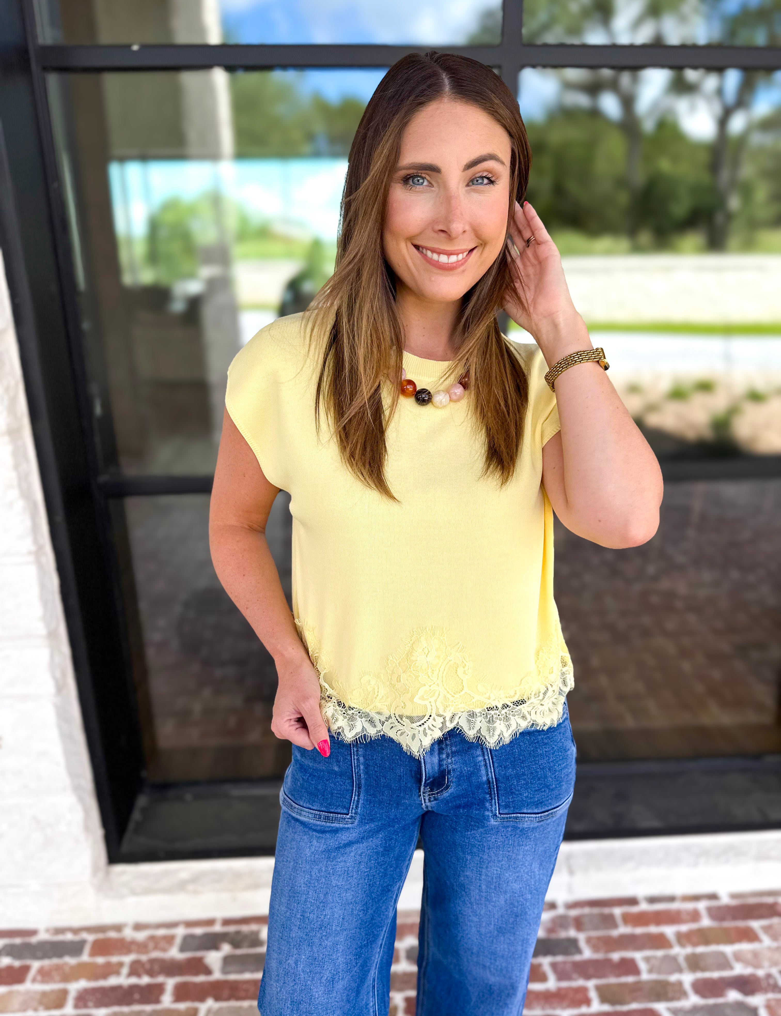 Collins Lace Trim Blouse - Lemon-200 Fashion Blouses-ENTRO-July & June Women's Fashion Boutique Located in San Antonio, Texas