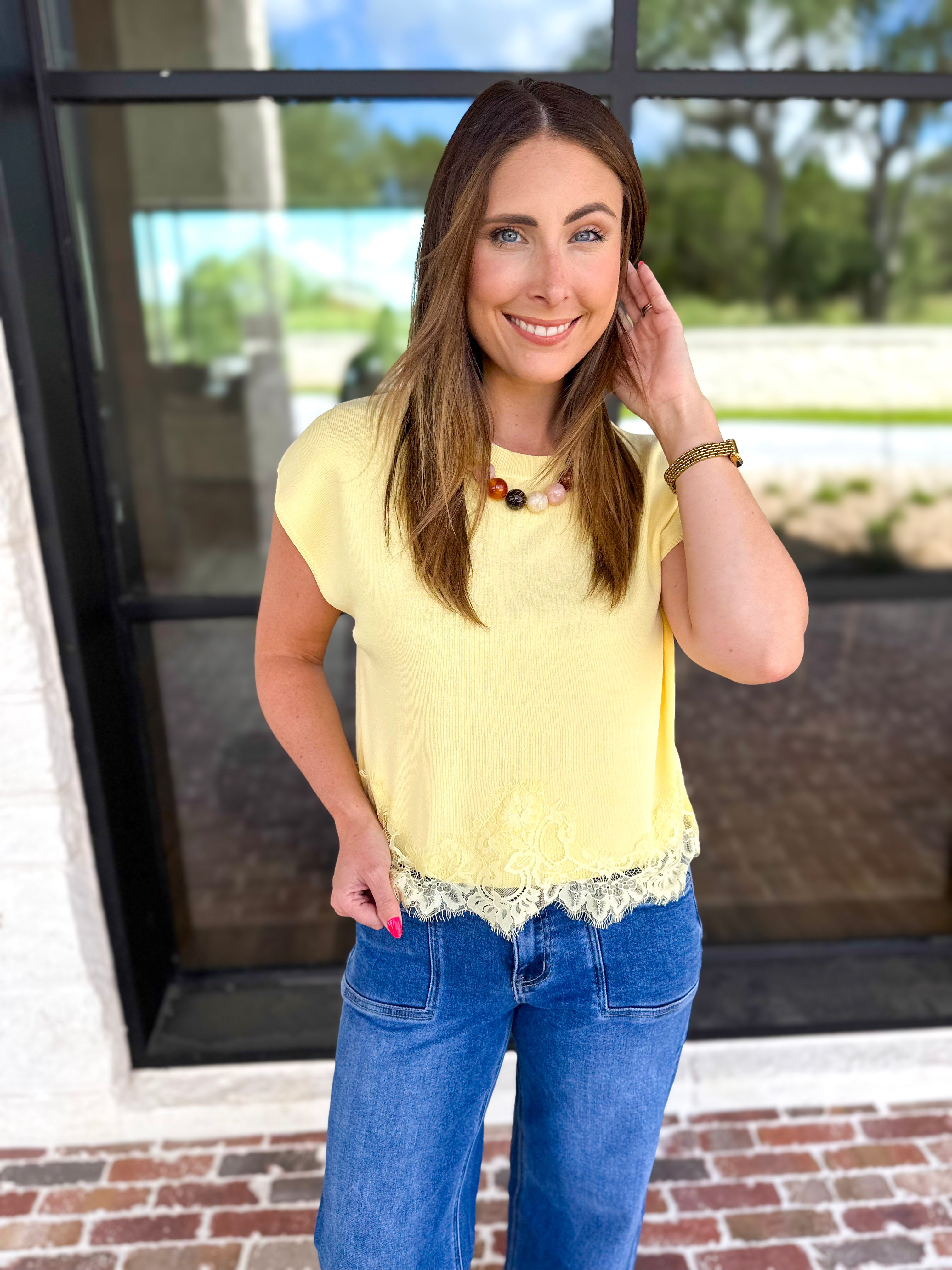 Collins Lace Trim Blouse - Lemon-200 Fashion Blouses-ENTRO-July & June Women's Fashion Boutique Located in San Antonio, Texas
