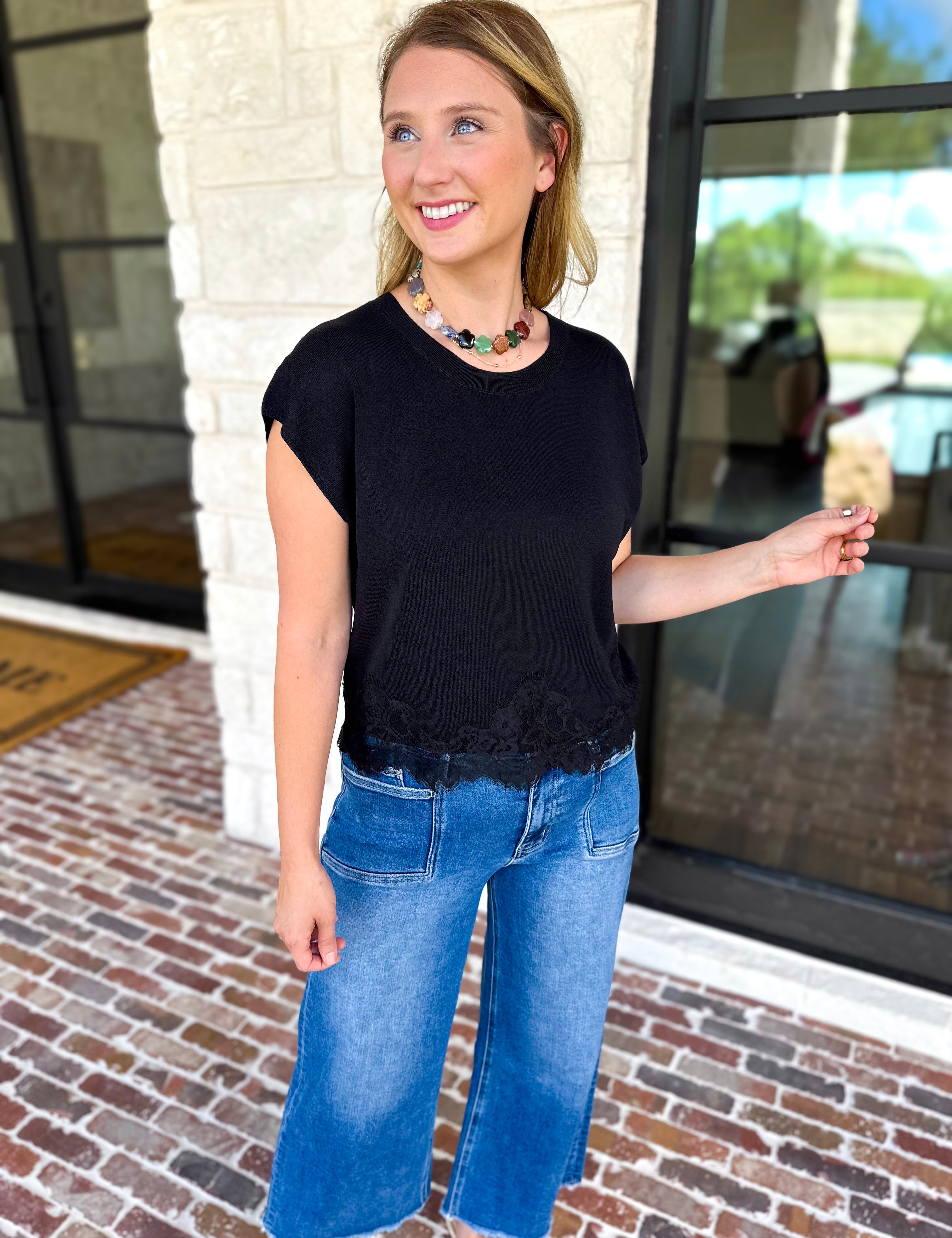 Collins Lace Trim Blouse - Black-200 Fashion Blouses-ENTRO-July & June Women's Fashion Boutique Located in San Antonio, Texas