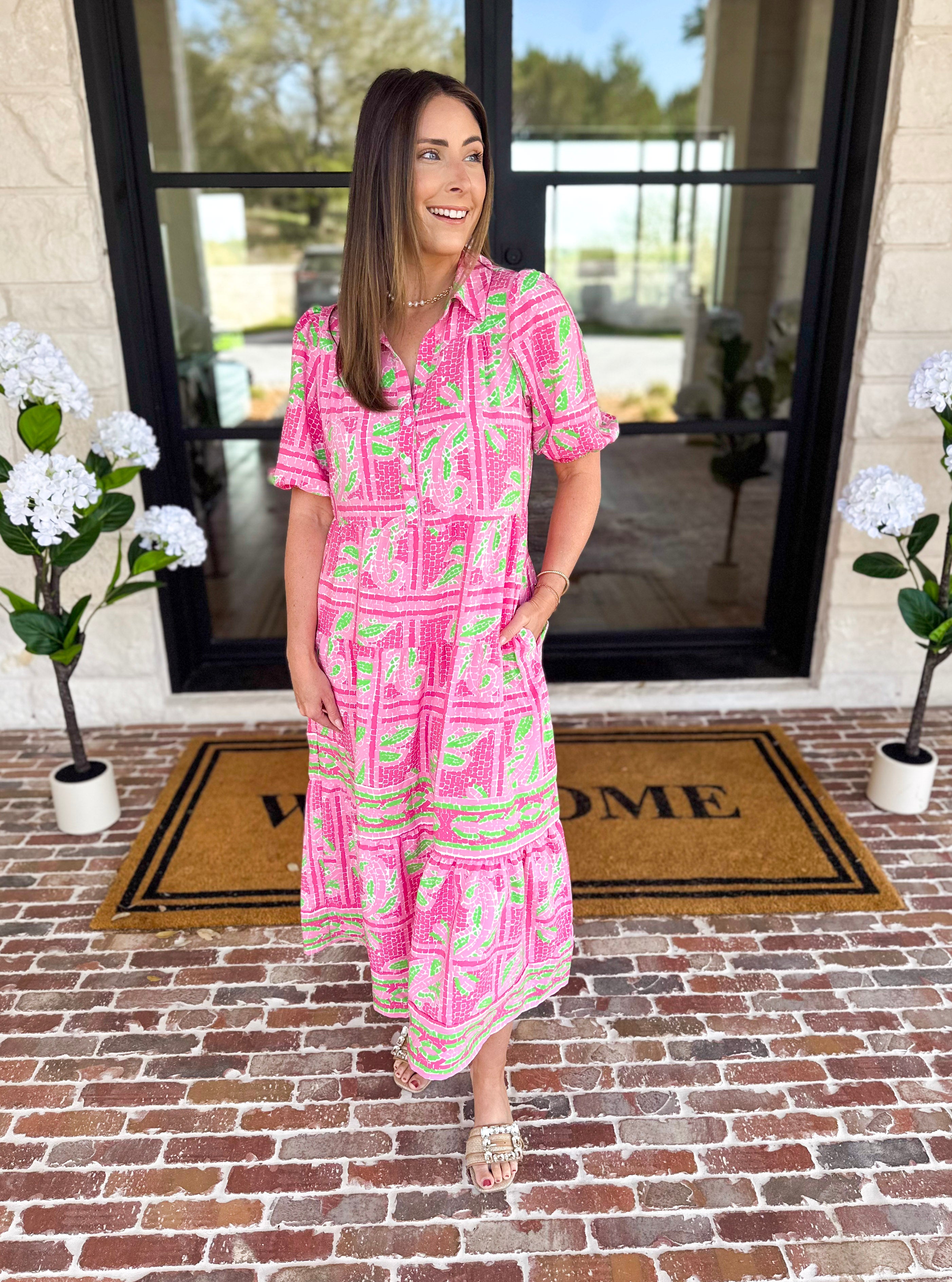 Mary Square - Pink Trellis Tiles Midi Dress-500 Midi-MARY SQUARE-July & June Women's Fashion Boutique Located in San Antonio, Texas