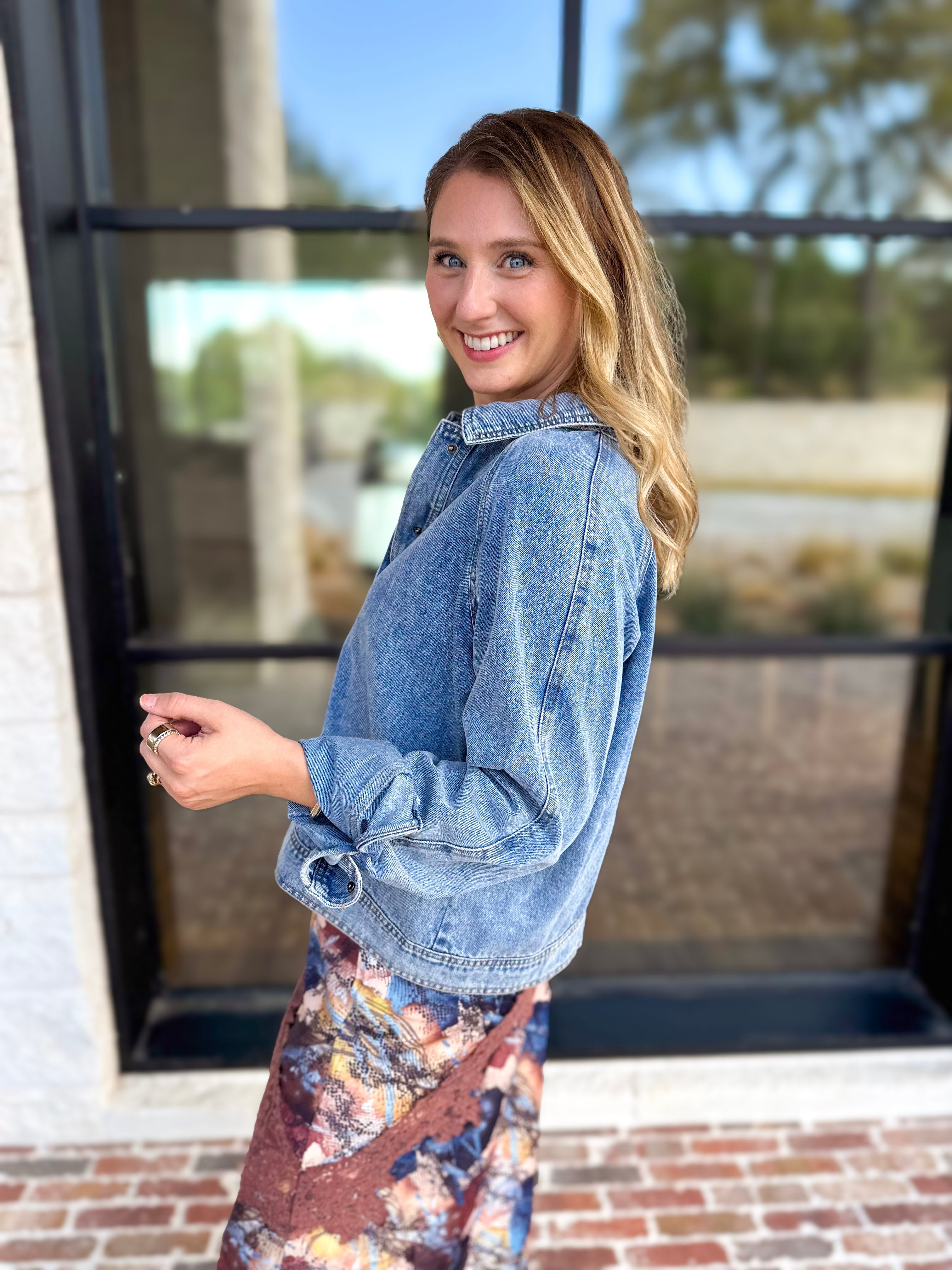 Weekend Signature Denim Shirt Jacket-200 Fashion Blouses-FATE-July & June Women's Fashion Boutique Located in San Antonio, Texas