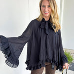 Feminine Flowy Ruffled Blouse - Black-200 Fashion Blouses-TCEC-July & June Women's Fashion Boutique Located in San Antonio, Texas