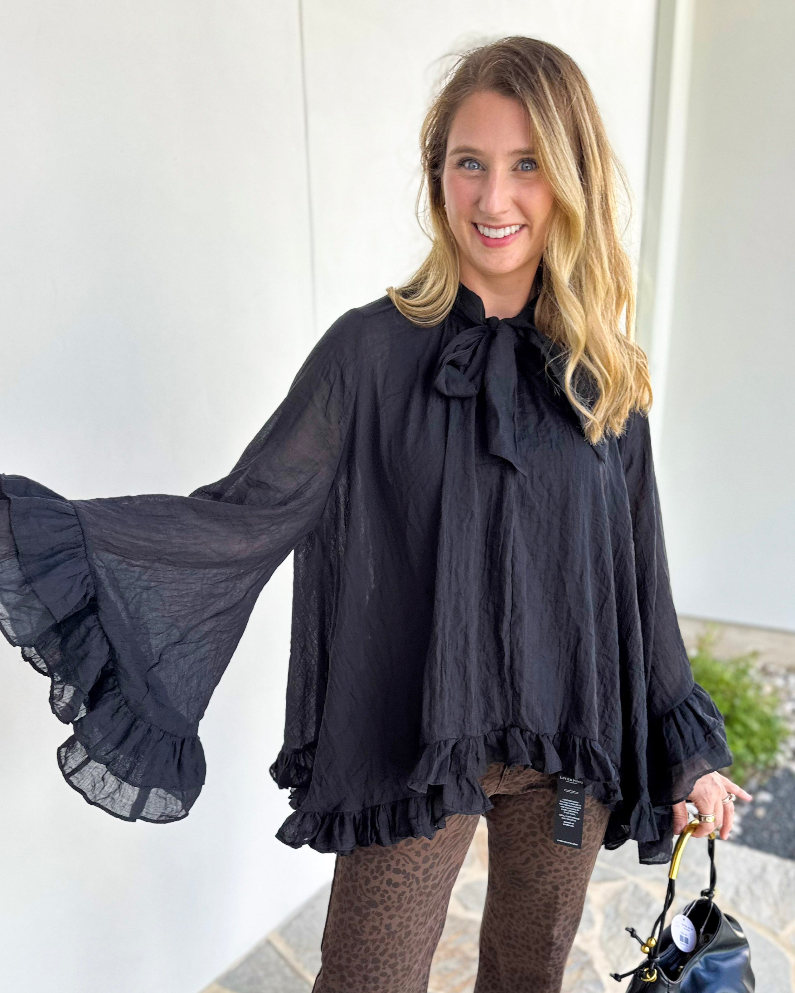 Feminine Flowy Ruffled Blouse - Black-200 Fashion Blouses-TCEC-July & June Women's Fashion Boutique Located in San Antonio, Texas