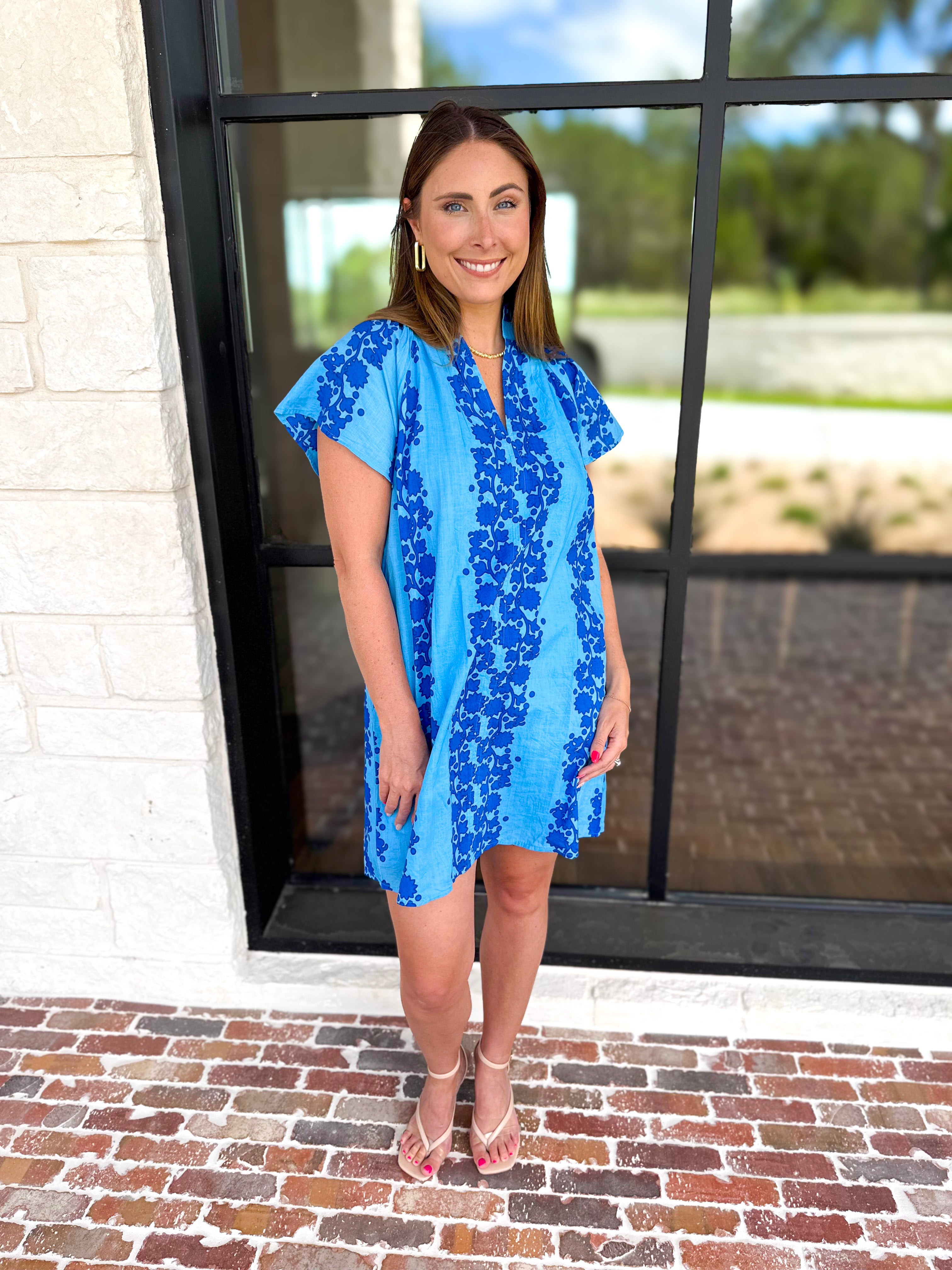 THML - Bold Floral Shift Mini Dress - Blue-510 Mini-THML-July & June Women's Fashion Boutique Located in San Antonio, Texas