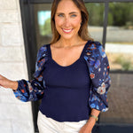 Midnight Floral Sheer Sleeve & Knit Top-230 Sweaters/Cardis-SKIES ARE BLUE-July & June Women's Fashion Boutique Located in San Antonio, Texas
