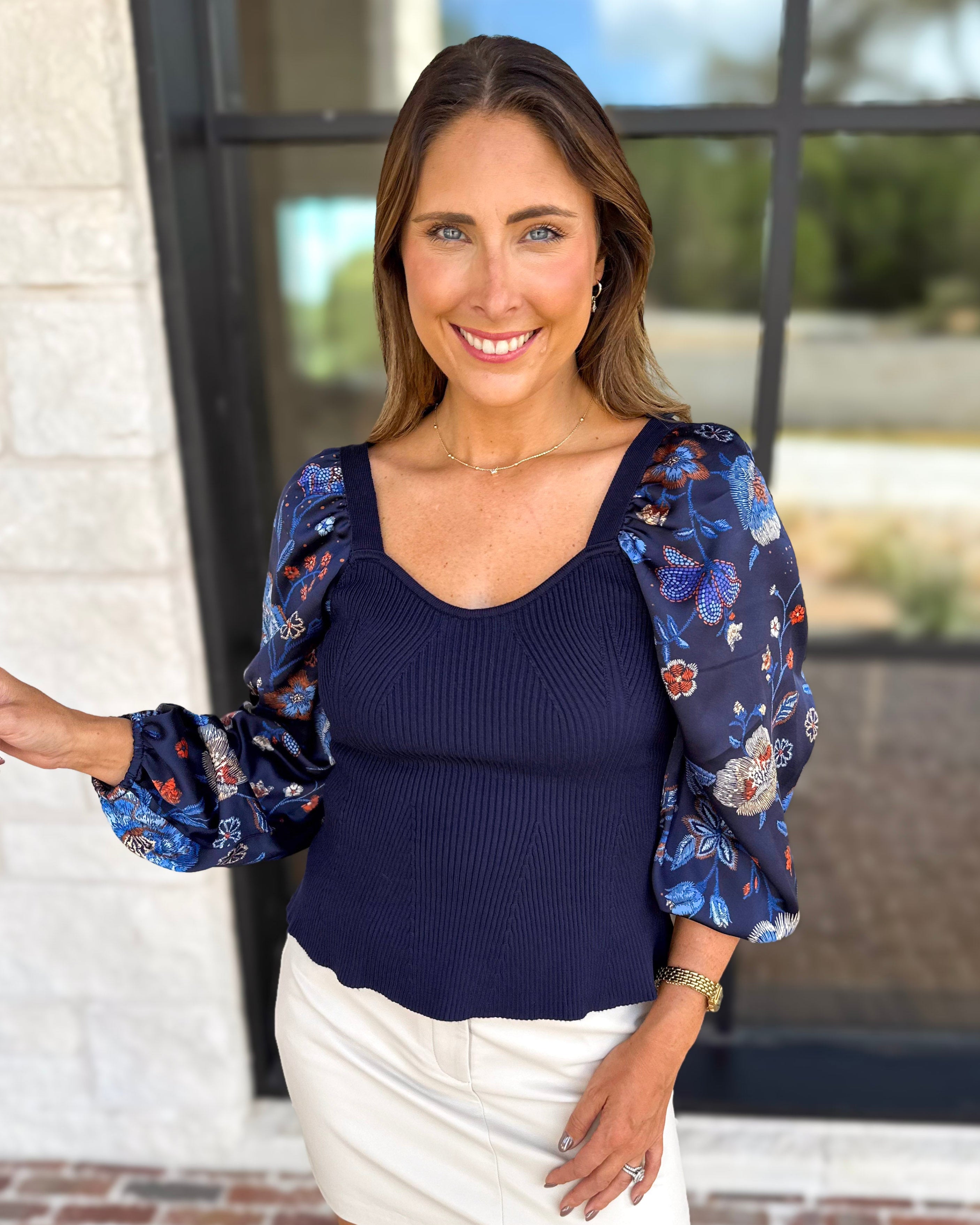 Midnight Floral Sheer Sleeve & Knit Top-230 Sweaters/Cardis-SKIES ARE BLUE-July & June Women's Fashion Boutique Located in San Antonio, Texas