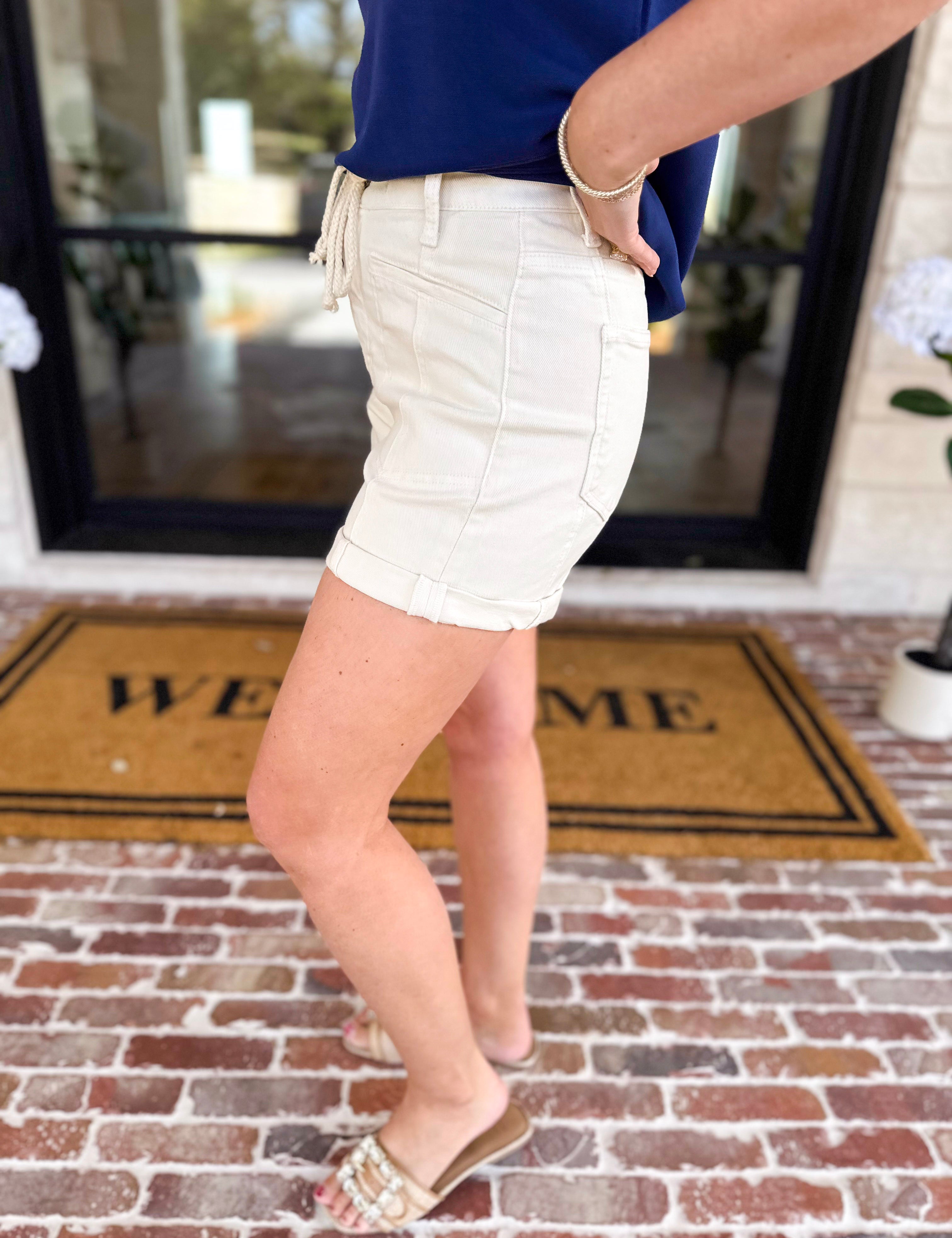 Vervet - Cream Drawstring Denim Shorts-410 Shorts/Skirts-VEVERT BY FLYING MONKEY-July & June Women's Fashion Boutique Located in San Antonio, Texas