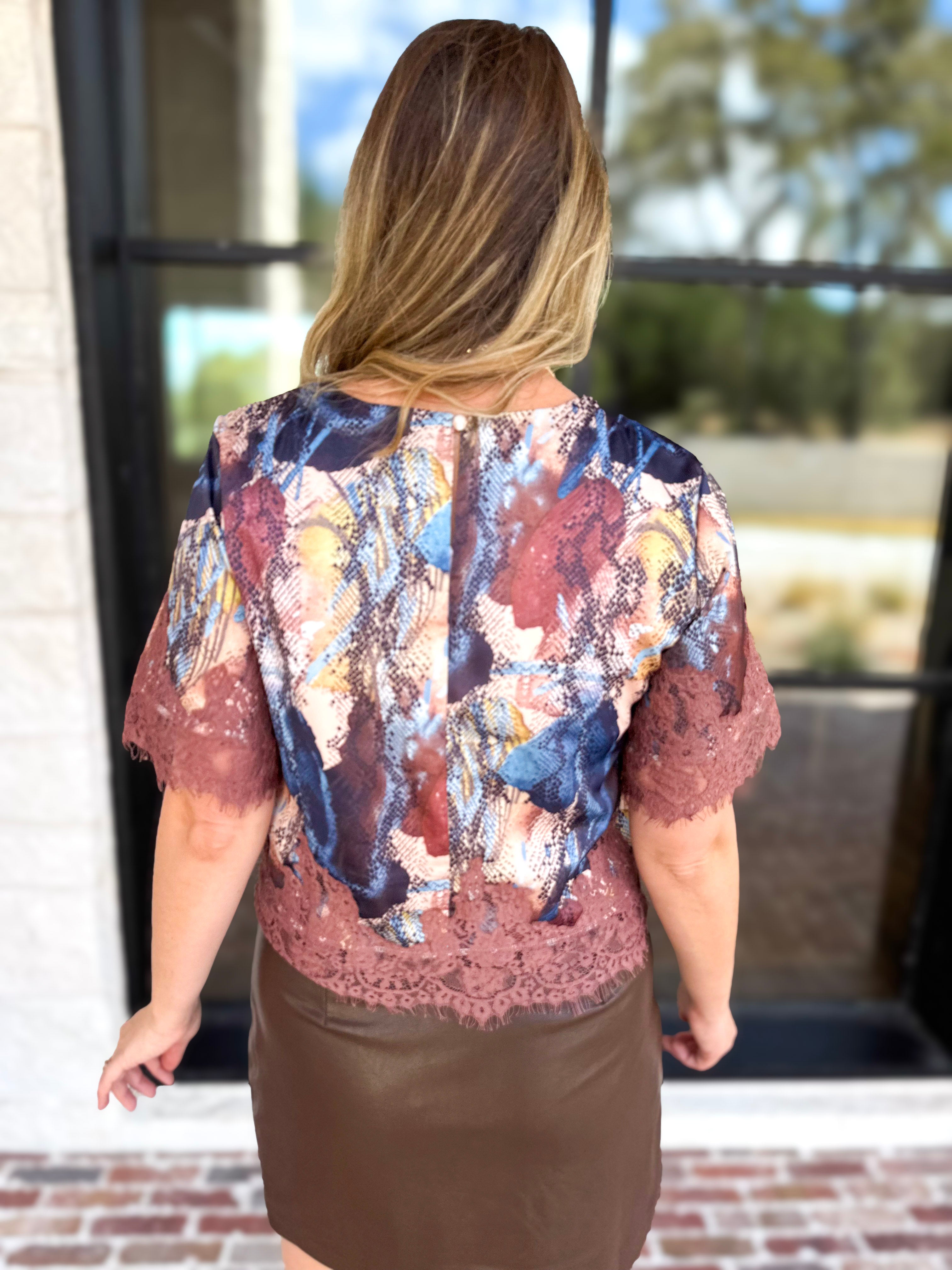 Sandstorm Lace Trim Blouse-200 Fashion Blouses-TCEC-July & June Women's Fashion Boutique Located in San Antonio, Texas
