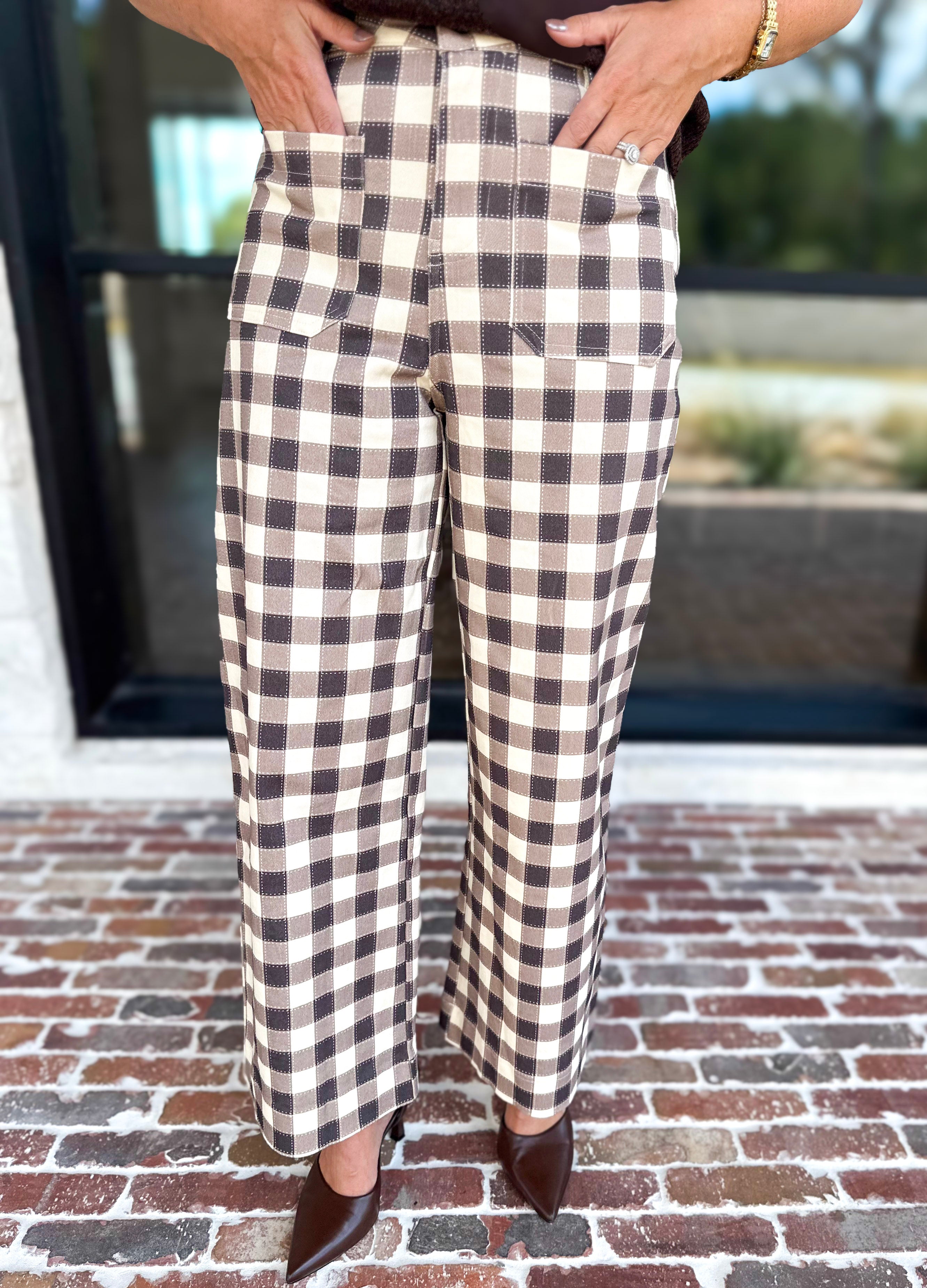 Mocha Cream Checkered Pants-400 Pants-ENTRO-July & June Women's Fashion Boutique Located in San Antonio, Texas
