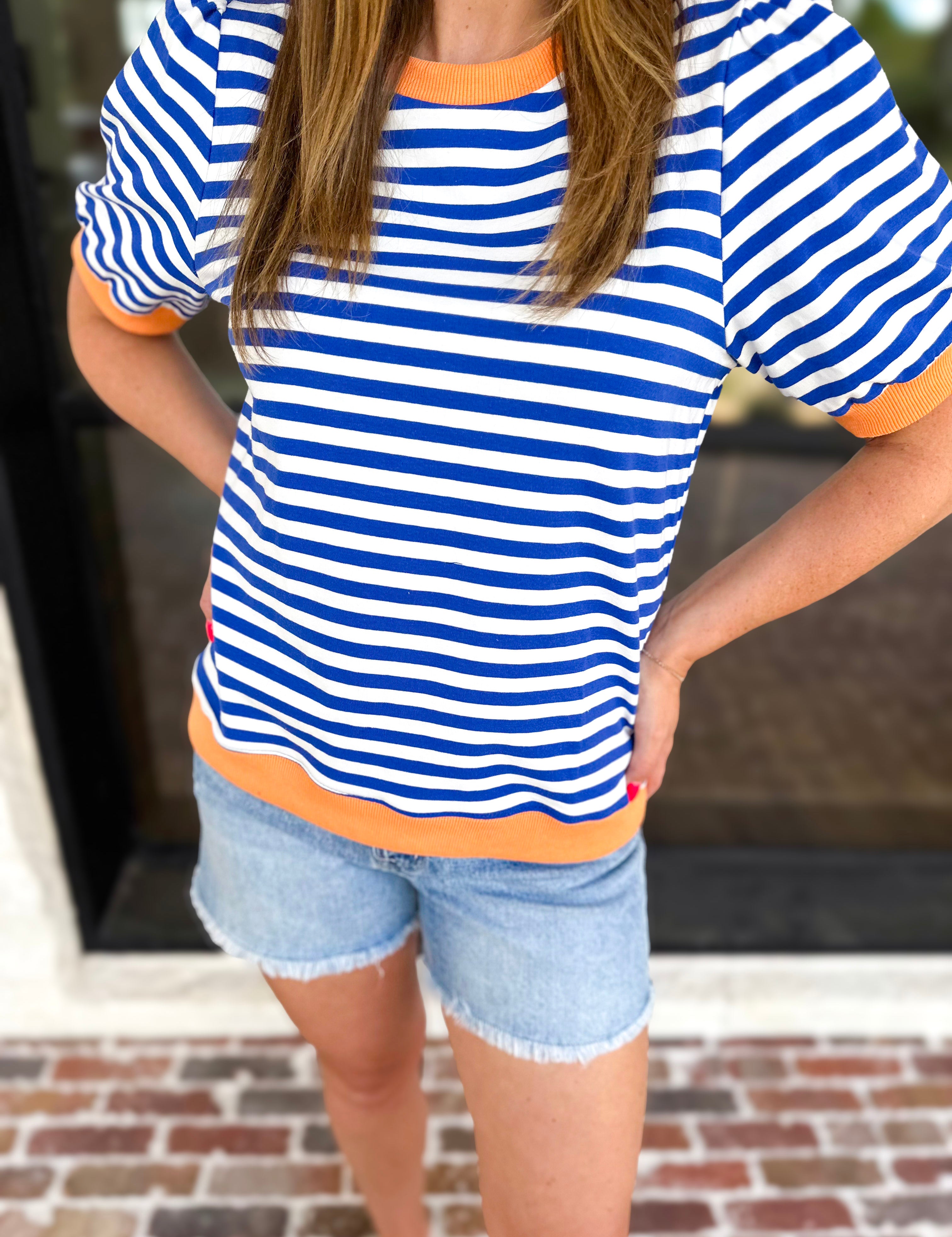 Navy & Orange Stripe Tee-210 Casual Blouses-JODIFL-July & June Women's Fashion Boutique Located in San Antonio, Texas