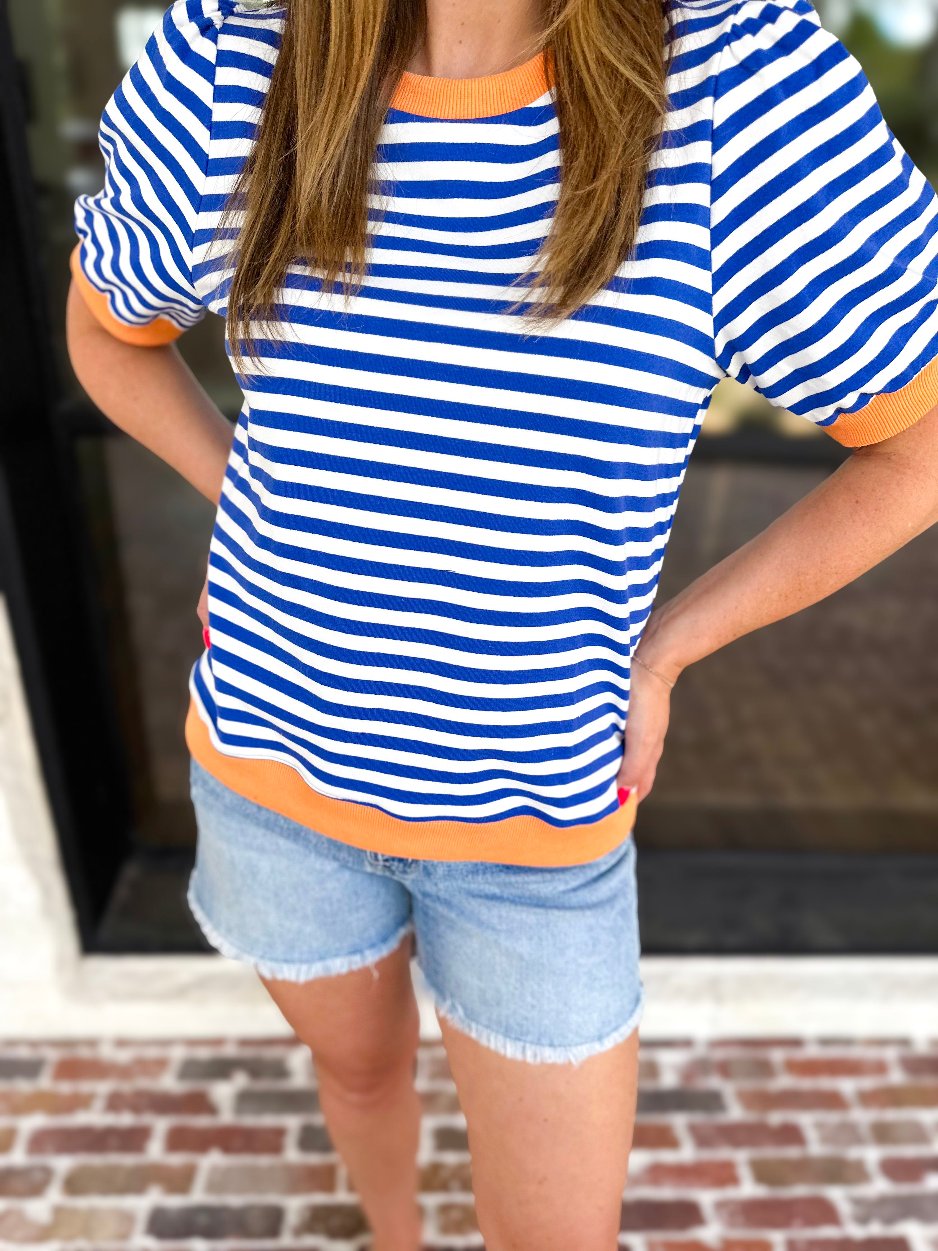 Navy & Orange Stripe Tee-210 Casual Blouses-JODIFL-July & June Women's Fashion Boutique Located in San Antonio, Texas