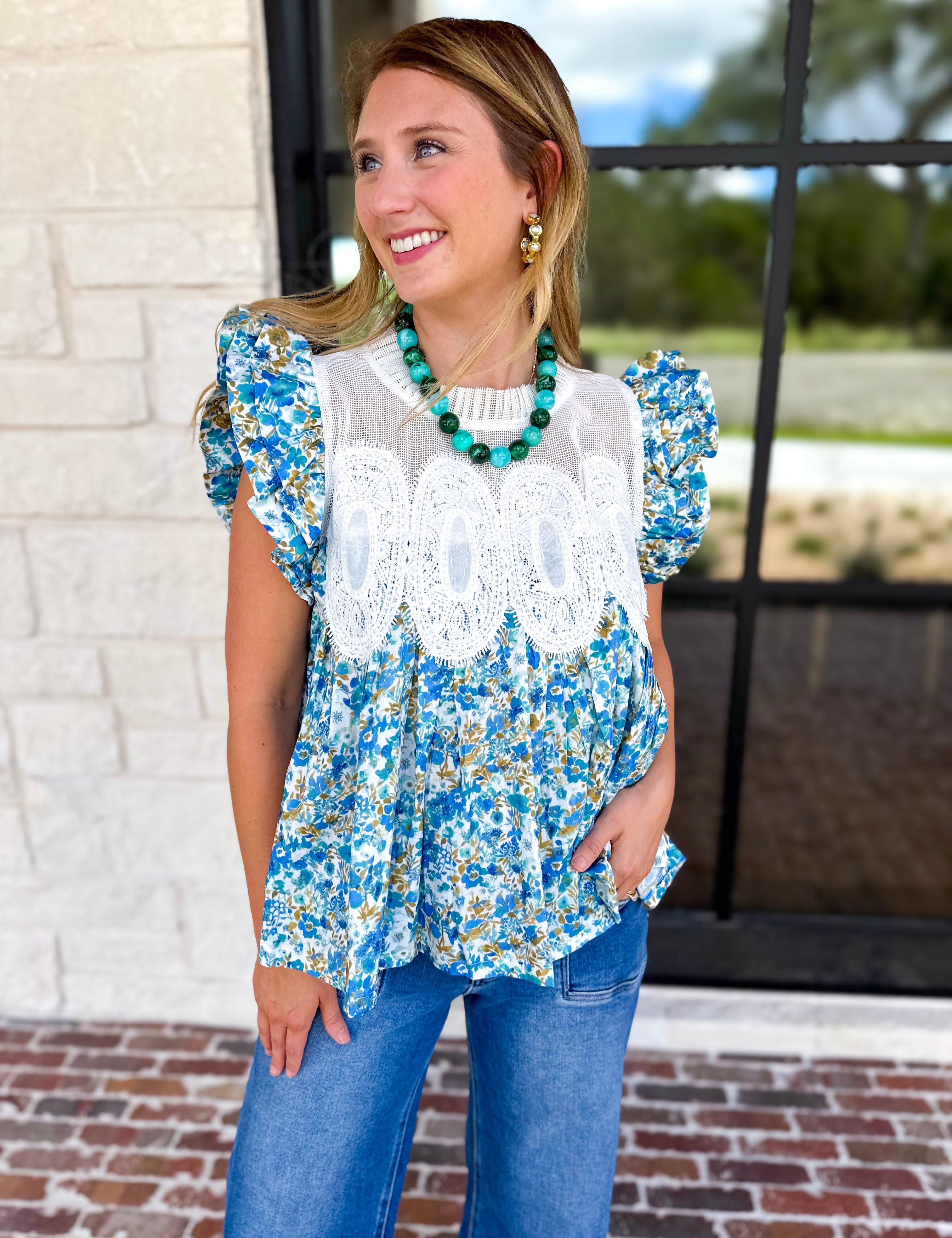 Floral Fields Lace Blouse-200 Fashion Blouses-FATE-July & June Women's Fashion Boutique Located in San Antonio, Texas