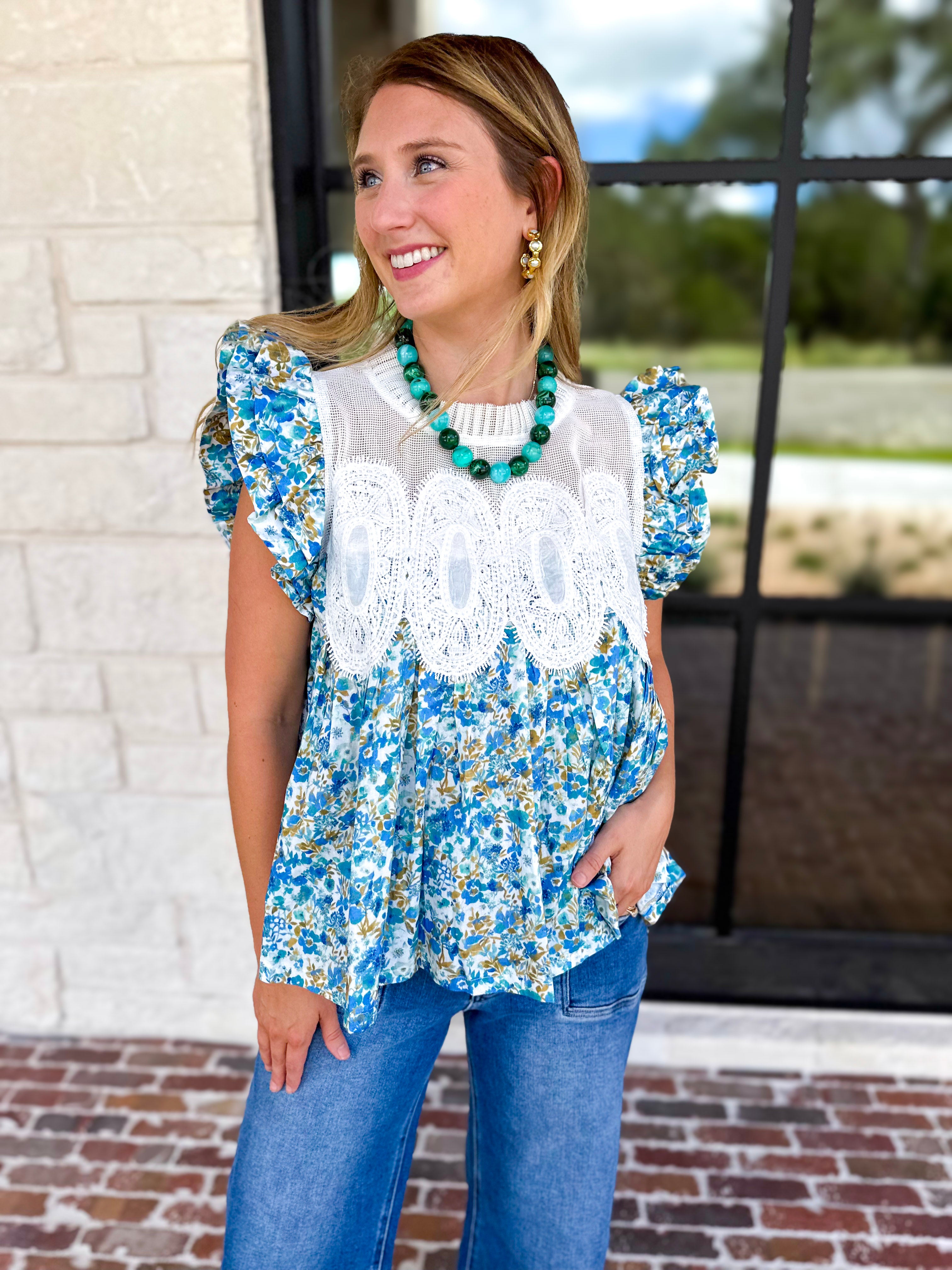 Floral Fields Lace Blouse-200 Fashion Blouses-FATE-July & June Women's Fashion Boutique Located in San Antonio, Texas