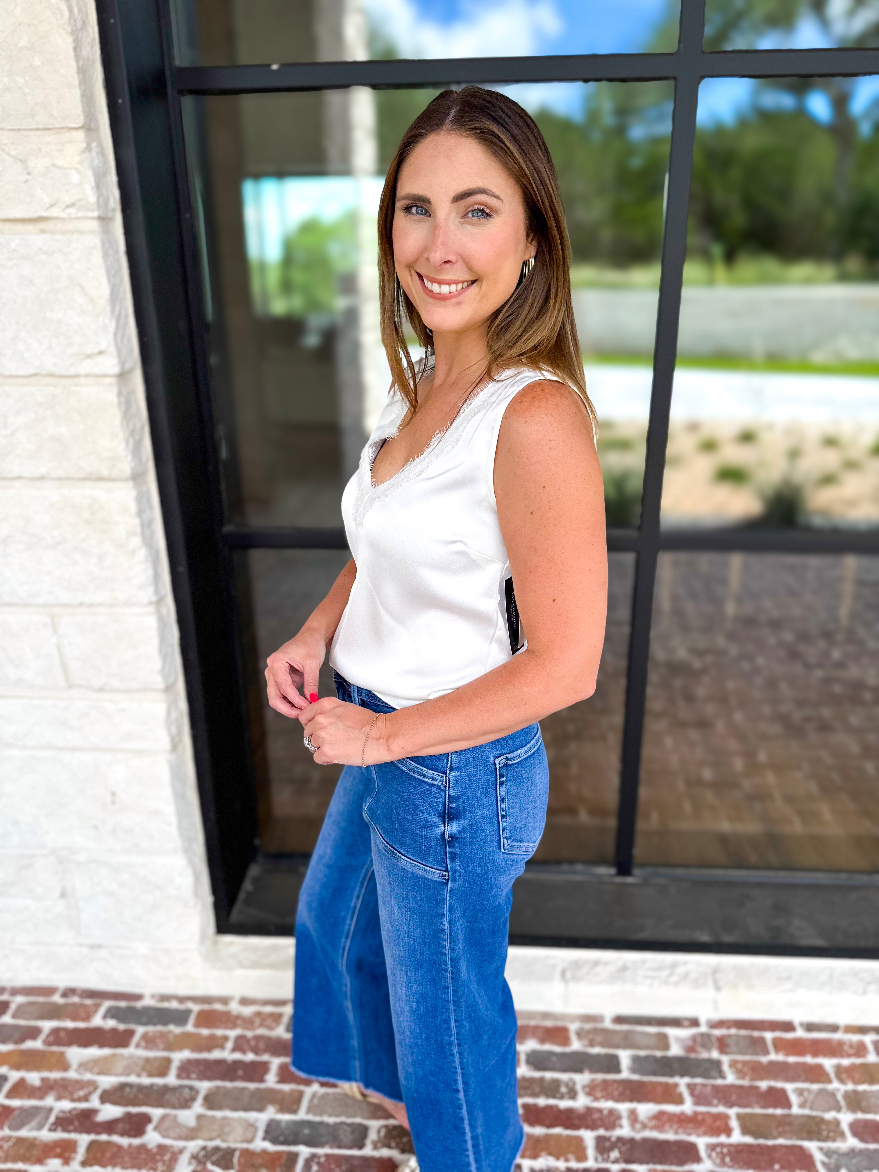 Liverpool - Lace V-Neck Satin Tank-210 Casual Blouses-LIVERPOOL JEANS COMPANY-July & June Women's Fashion Boutique Located in San Antonio, Texas