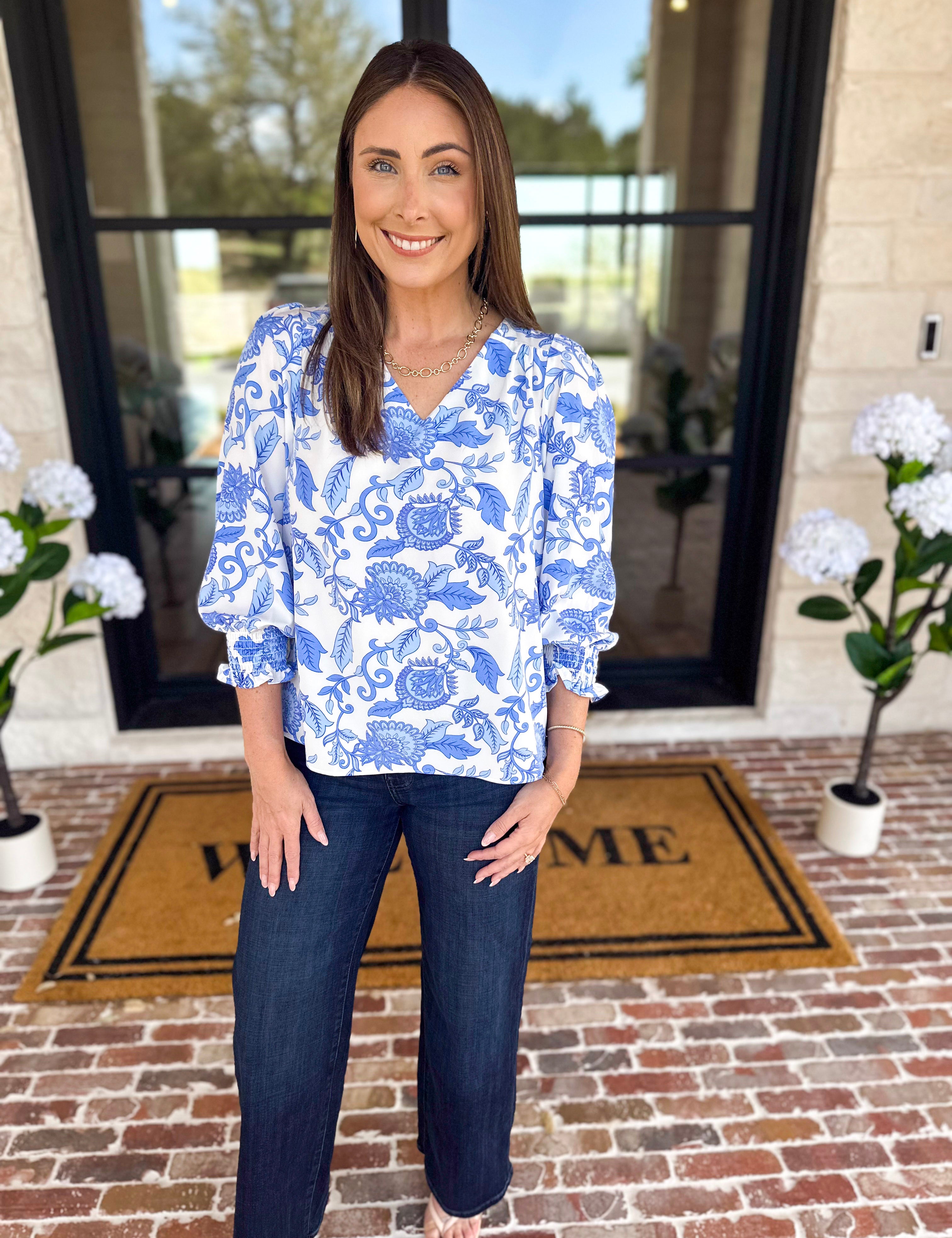 Mary Square - Porcelain Vines Blue Blouse-200 Fashion Blouses-MARY SQUARE-July & June Women's Fashion Boutique Located in San Antonio, Texas