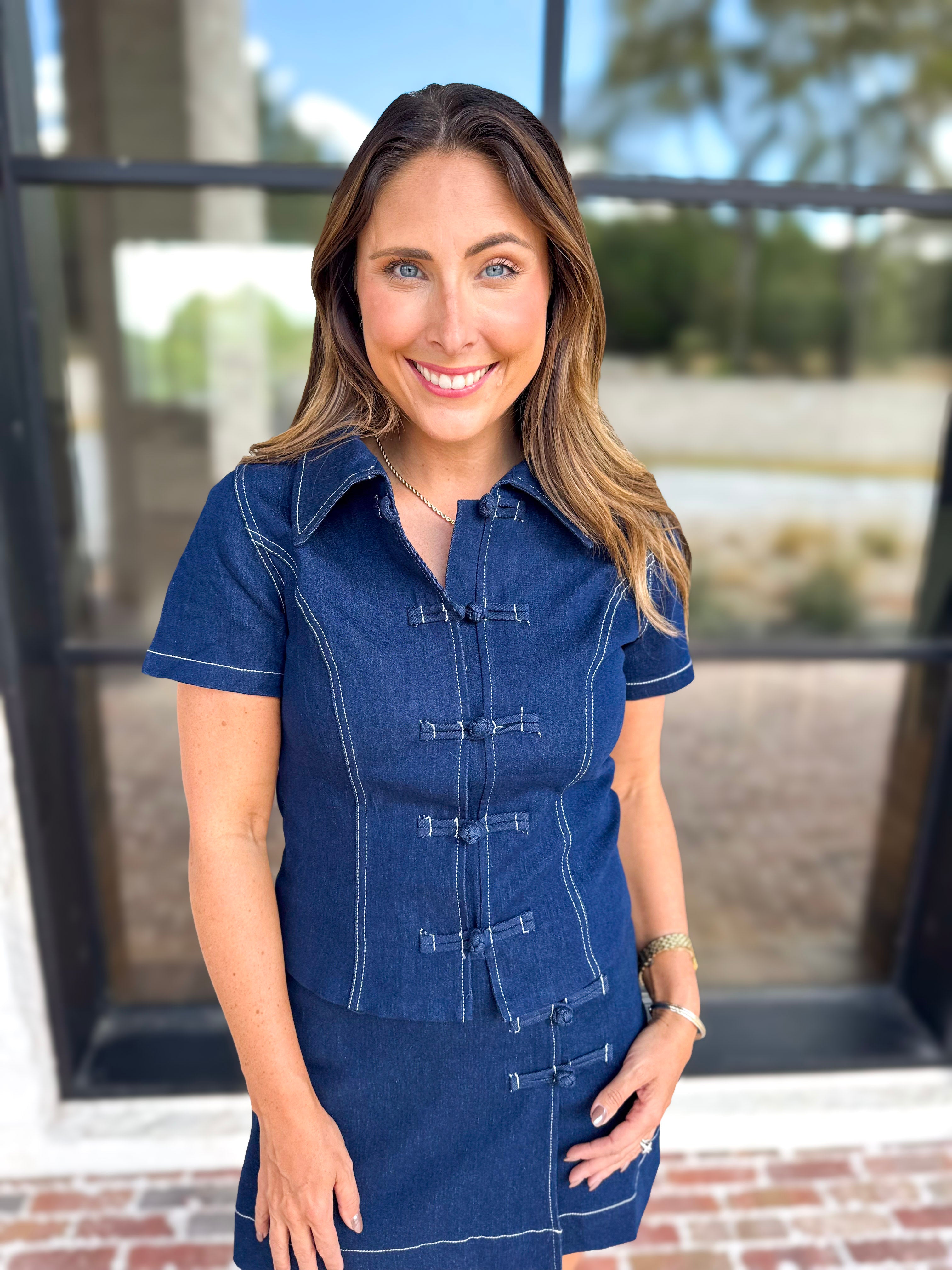 Kendall Fit and Flare Denim Top-200 Fashion Blouses-TCEC-July & June Women's Fashion Boutique Located in San Antonio, Texas