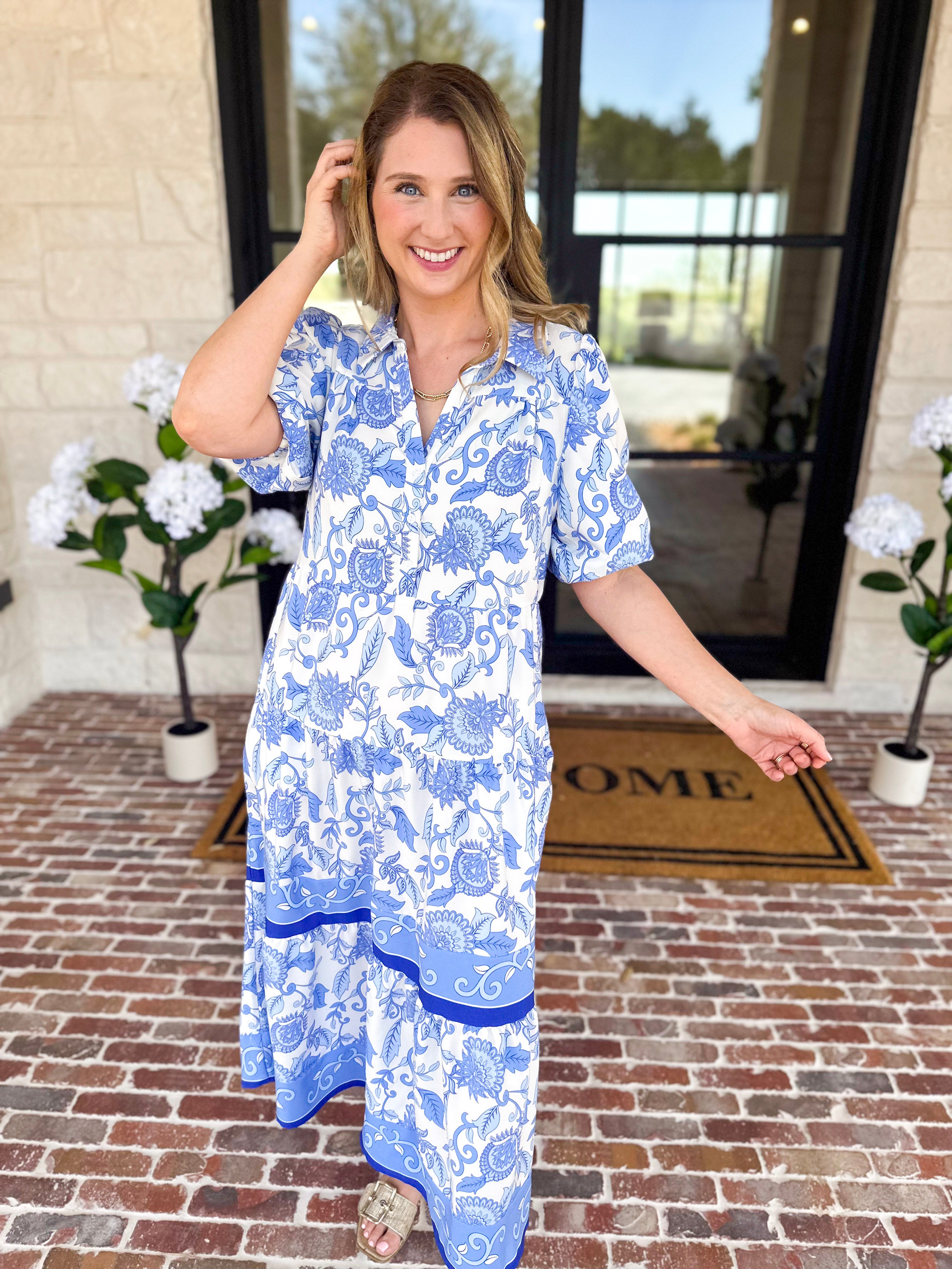 Mary Square - Porcelain Vines Midi Dress-500 Midi-MARY SQUARE-July & June Women's Fashion Boutique Located in San Antonio, Texas