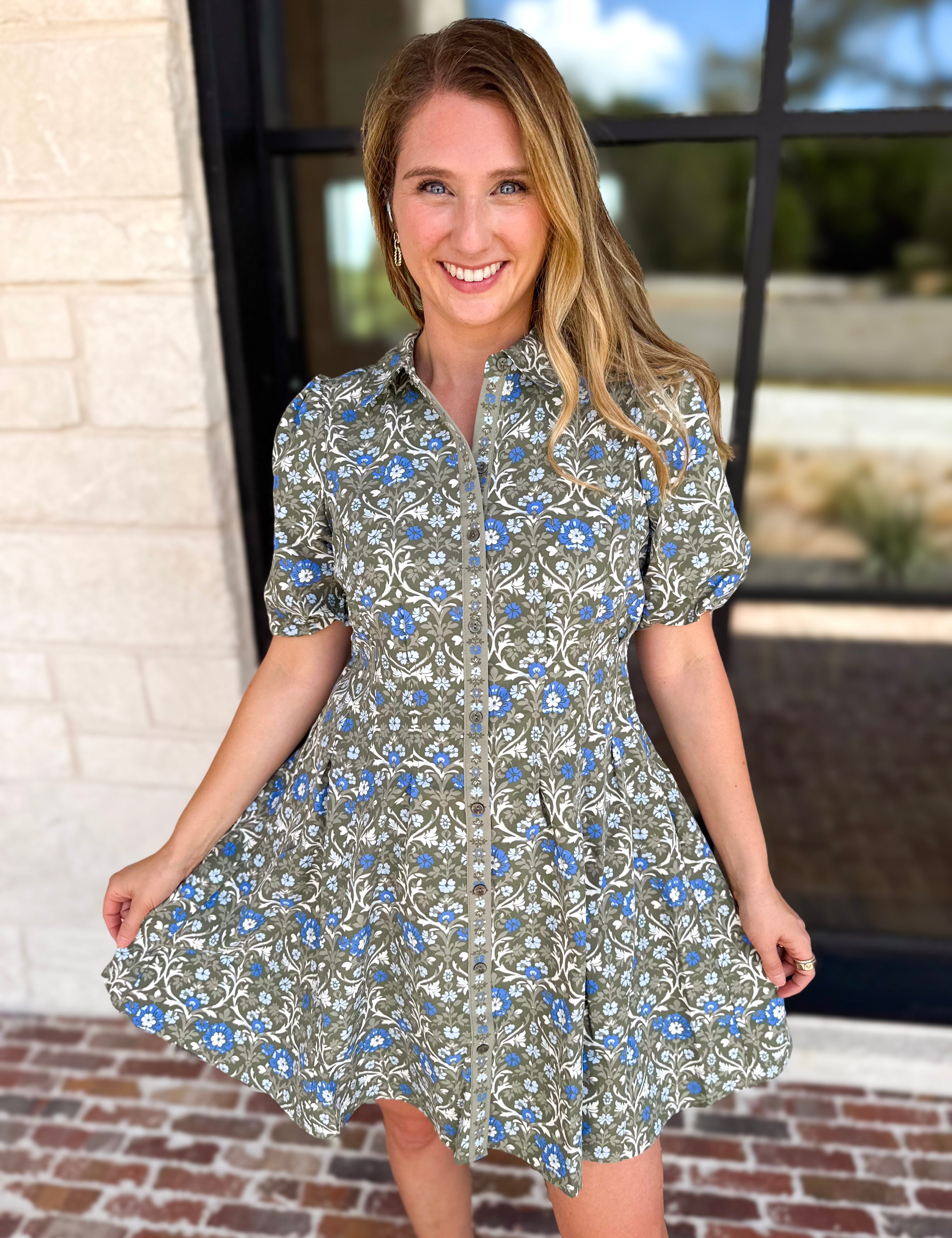 Mary Square - Olive Floral Puff Sleeve Midi Dress-510 Mini-MARY SQUARE-July & June Women's Fashion Boutique Located in San Antonio, Texas