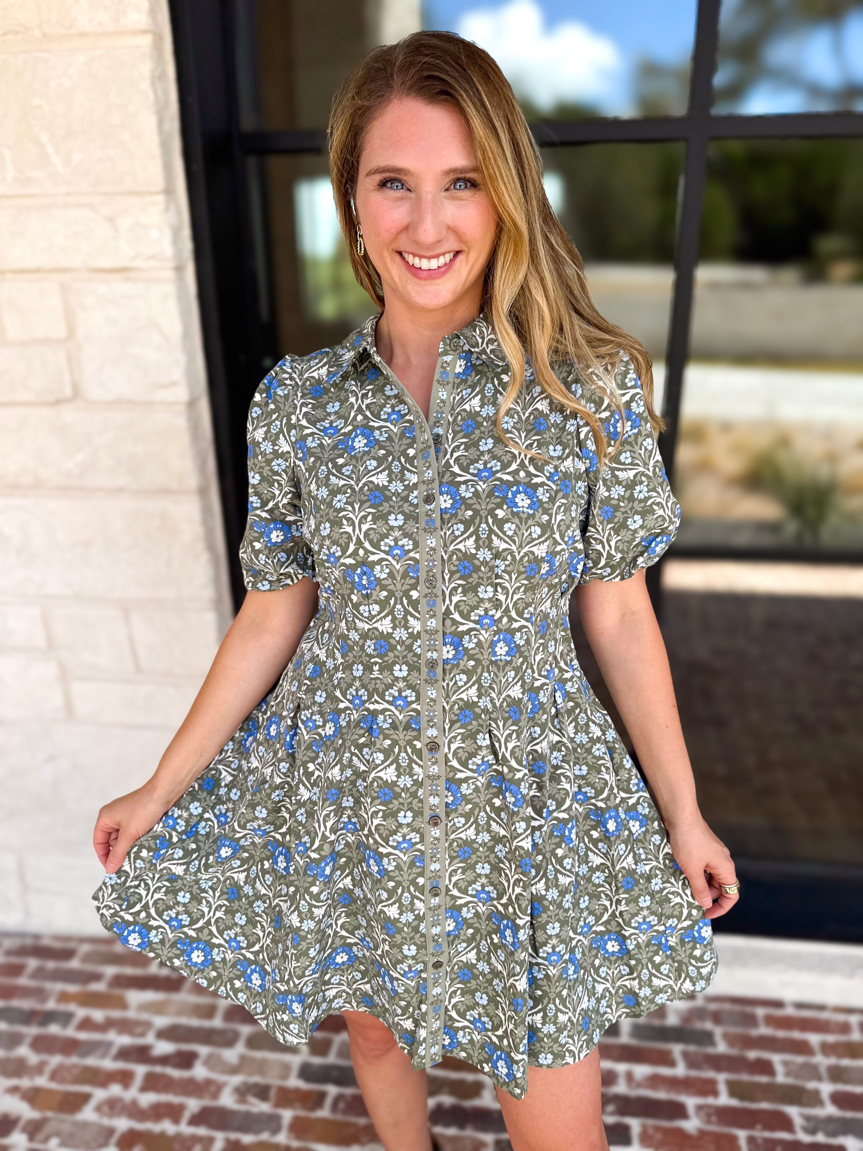 Mary Square - Olive Floral Puff Sleeve Midi Dress-510 Mini-MARY SQUARE-July & June Women's Fashion Boutique Located in San Antonio, Texas