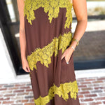 Colette Feminine Lace Midi Dress - Brown & Chartreuse-500 Midi-TCEC-July & June Women's Fashion Boutique Located in San Antonio, Texas