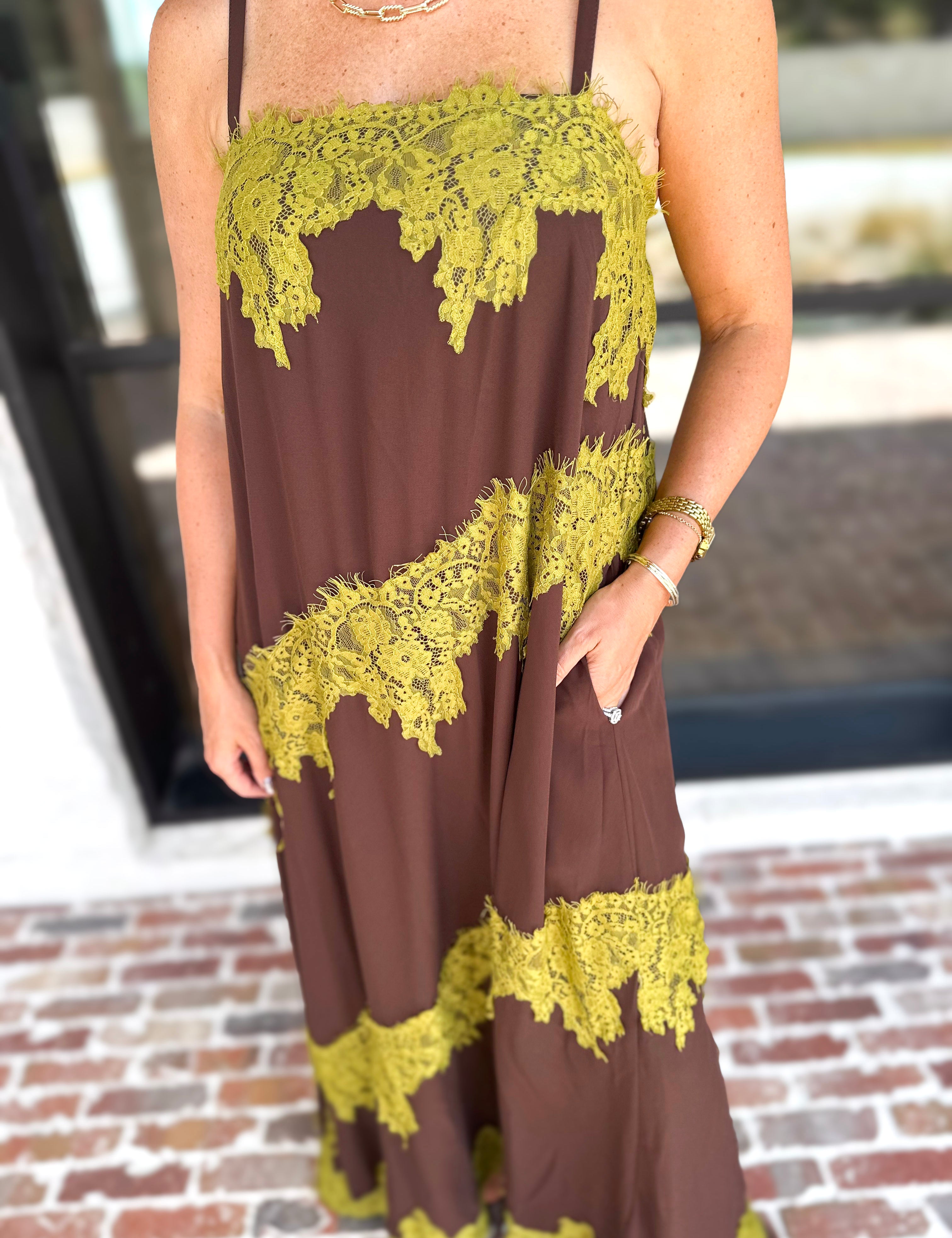 Colette Feminine Lace Midi Dress - Brown & Chartreuse-500 Midi-TCEC-July & June Women's Fashion Boutique Located in San Antonio, Texas