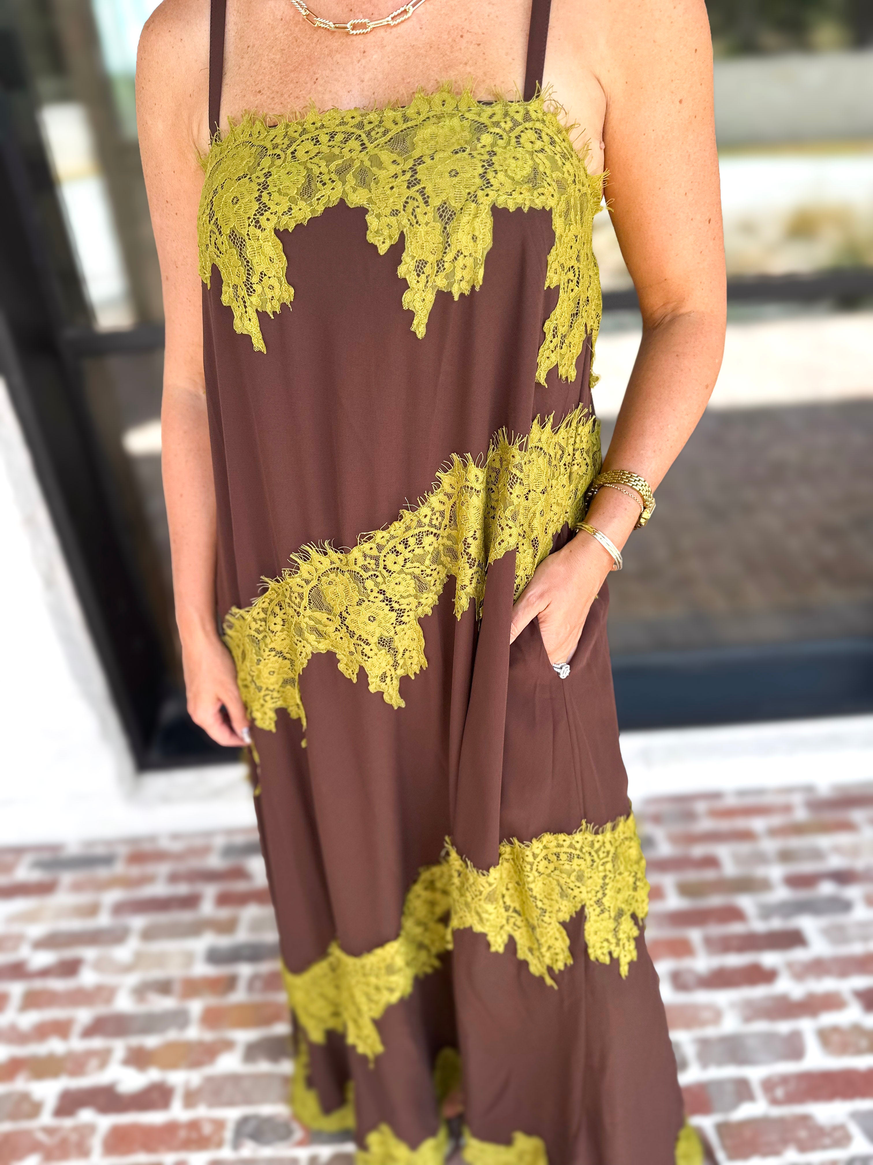 Colette Feminine Lace Midi Dress - Brown & Chartreuse-500 Midi-TCEC-July & June Women's Fashion Boutique Located in San Antonio, Texas