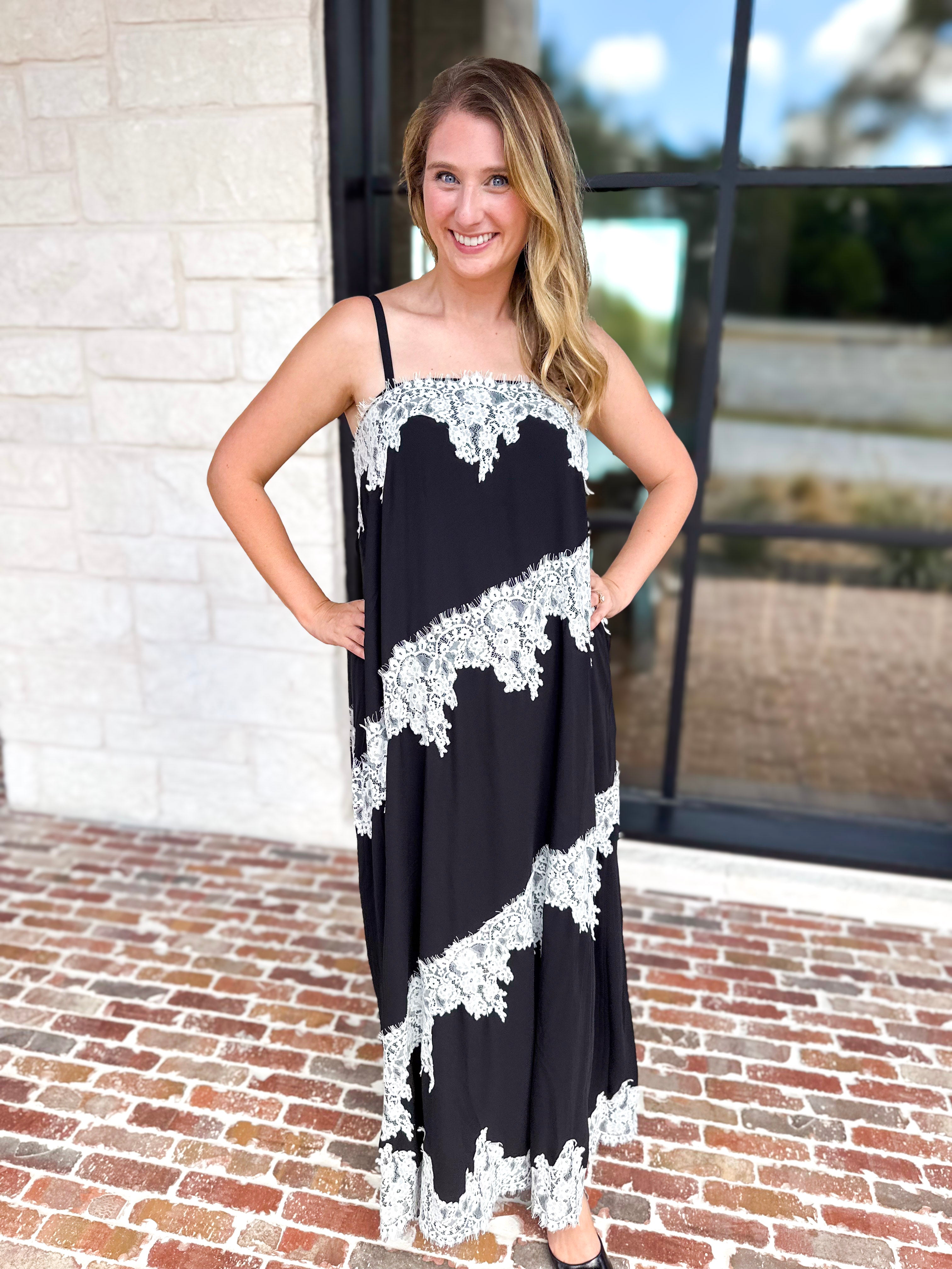 Colette Feminine Lace Midi Dress - Black & White-500 Midi-TCEC-July & June Women's Fashion Boutique Located in San Antonio, Texas