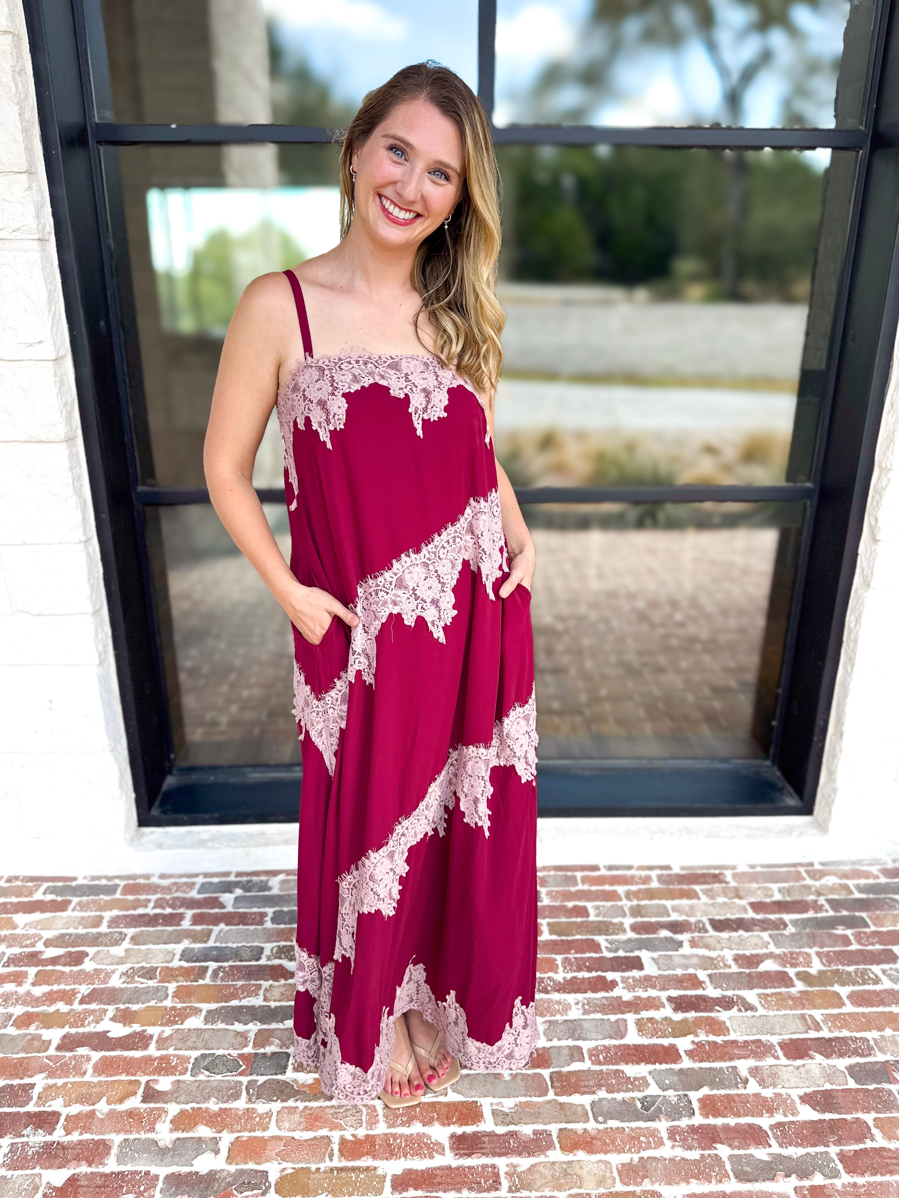 Colette Feminine Lace Midi Dress - Burgundy & Blush-500 Midi-TCEC-July & June Women's Fashion Boutique Located in San Antonio, Texas