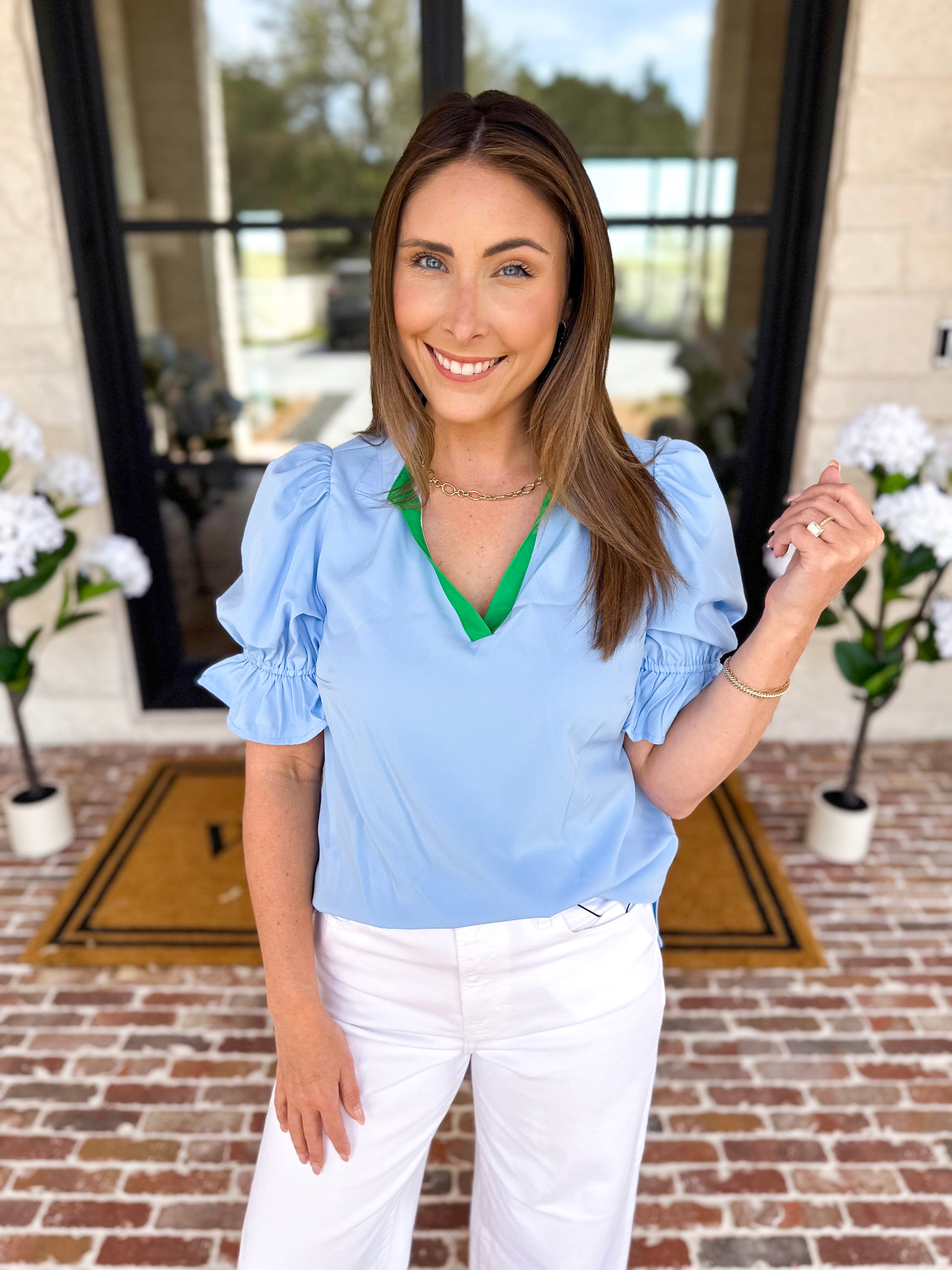 Mary Square - Jessica Blouse - Light Blue-200 Fashion Blouses-MARY SQUARE-July & June Women's Fashion Boutique Located in San Antonio, Texas