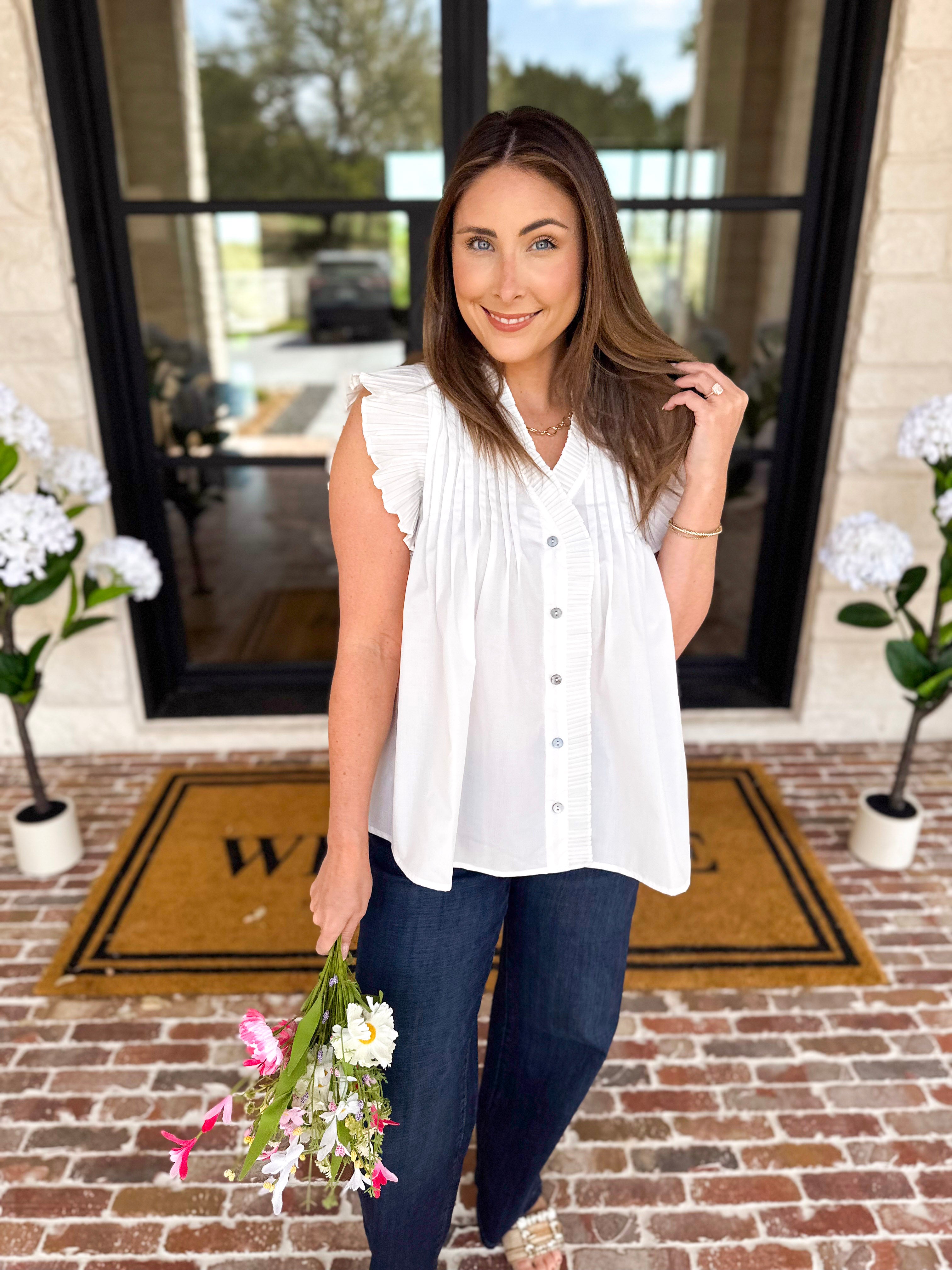 White Flutter Blouse-200 Fashion Blouses-ENTRO-July & June Women's Fashion Boutique Located in San Antonio, Texas