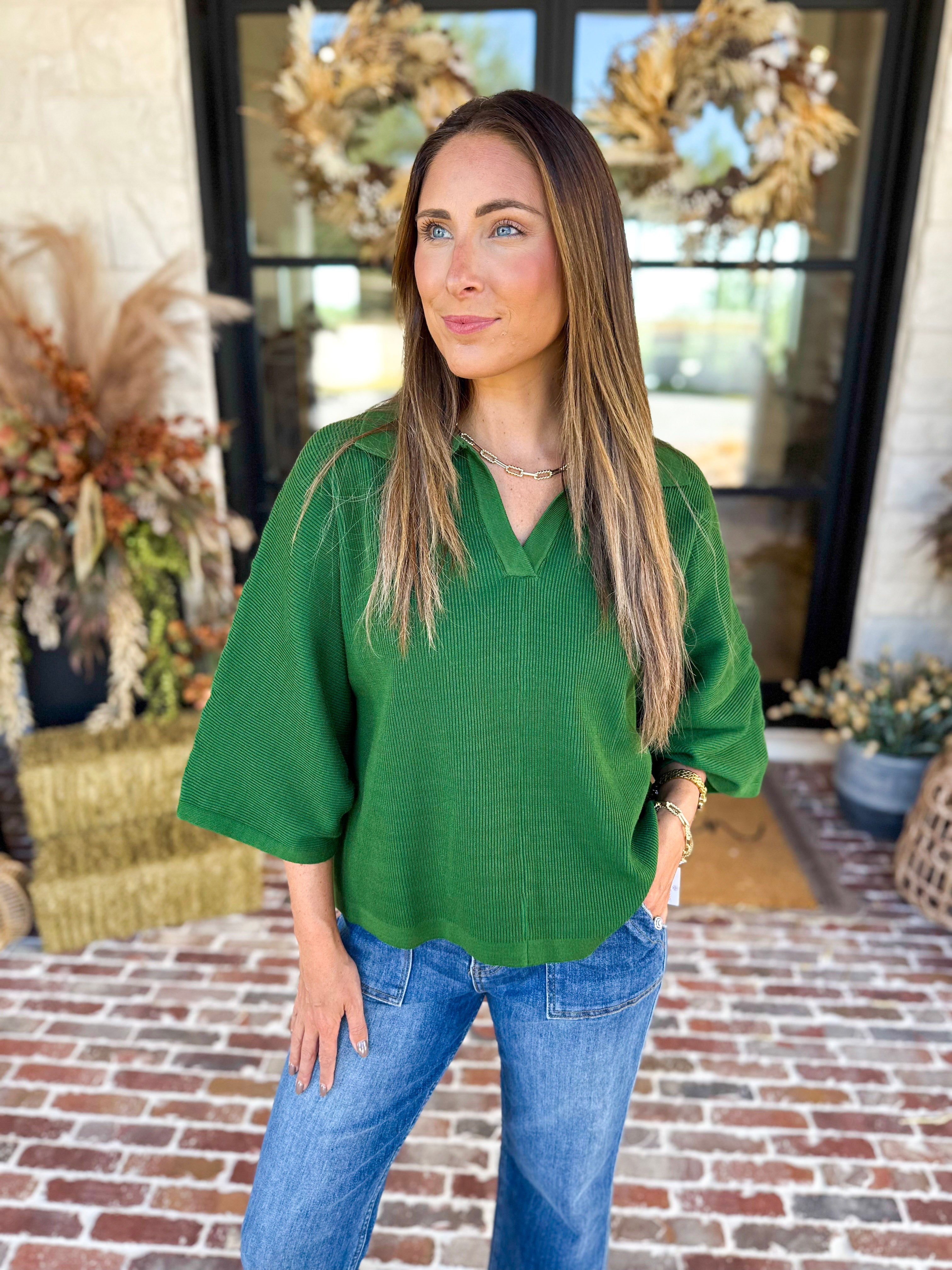 Cozy Collared Oversized Sweater Top - Green-230 Sweaters/Cardis-ENTRO-July & June Women's Fashion Boutique Located in San Antonio, Texas