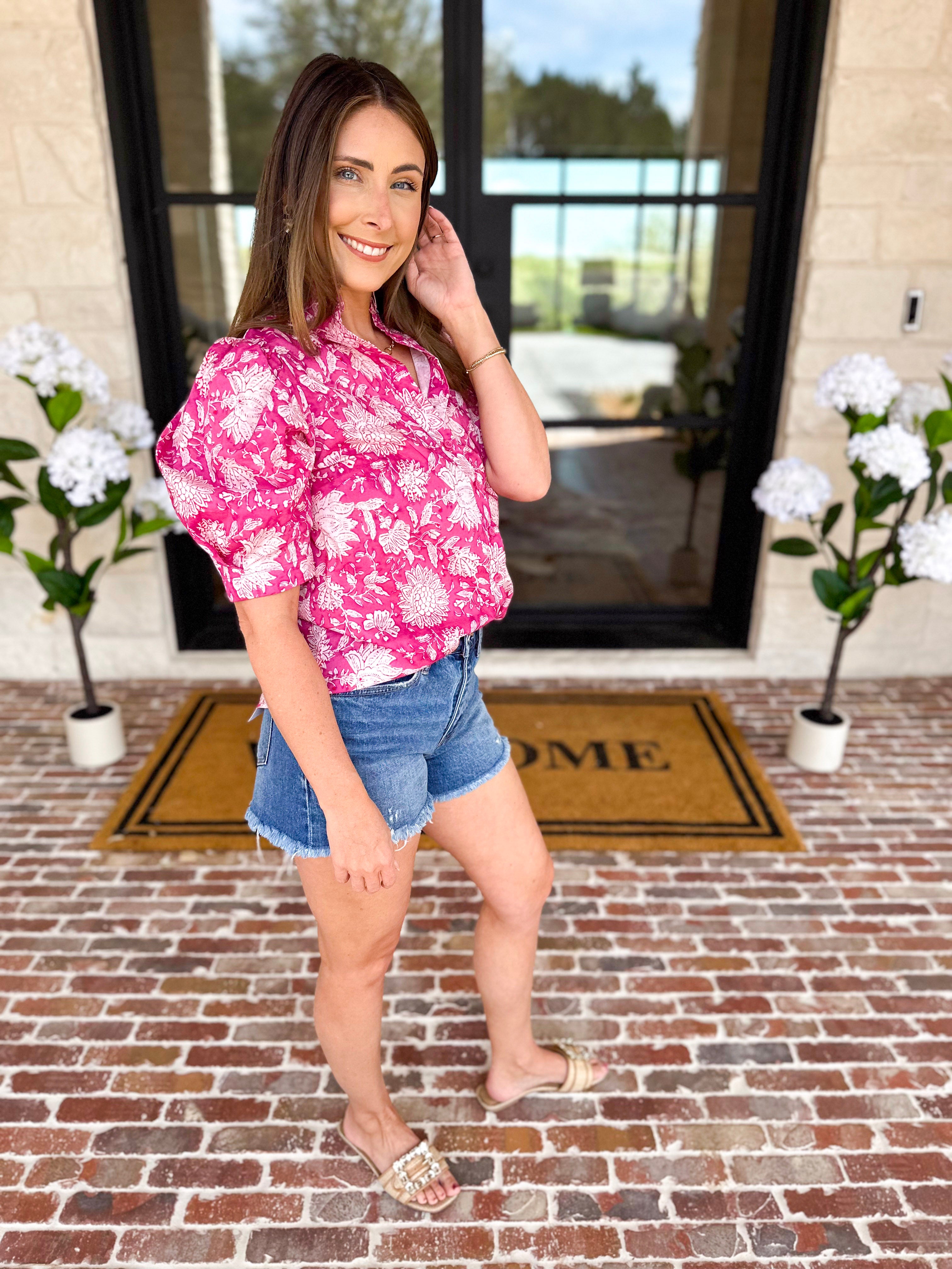 Punchy Pink Floral Blouse-200 Fashion Blouses-FATE-July & June Women's Fashion Boutique Located in San Antonio, Texas
