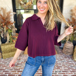 Cozy Collared Oversized Sweater Top - Merlot-230 Sweaters/Cardis-ENTRO-July & June Women's Fashion Boutique Located in San Antonio, Texas
