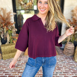 Cozy Collared Oversized Sweater Top - Merlot-230 Sweaters/Cardis-ENTRO-July & June Women's Fashion Boutique Located in San Antonio, Texas