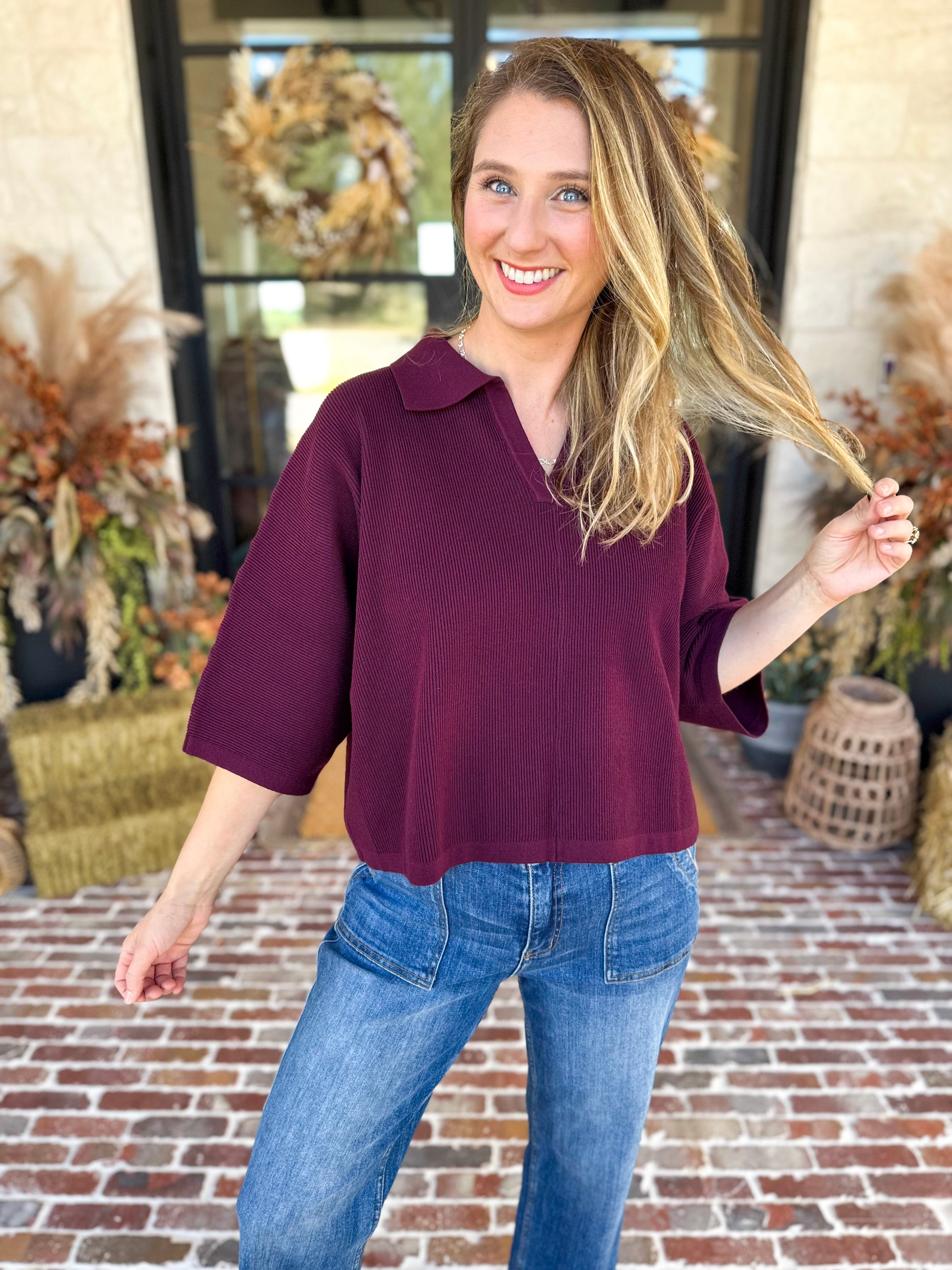 Cozy Collared Oversized Sweater Top - Merlot-230 Sweaters/Cardis-ENTRO-July & June Women's Fashion Boutique Located in San Antonio, Texas
