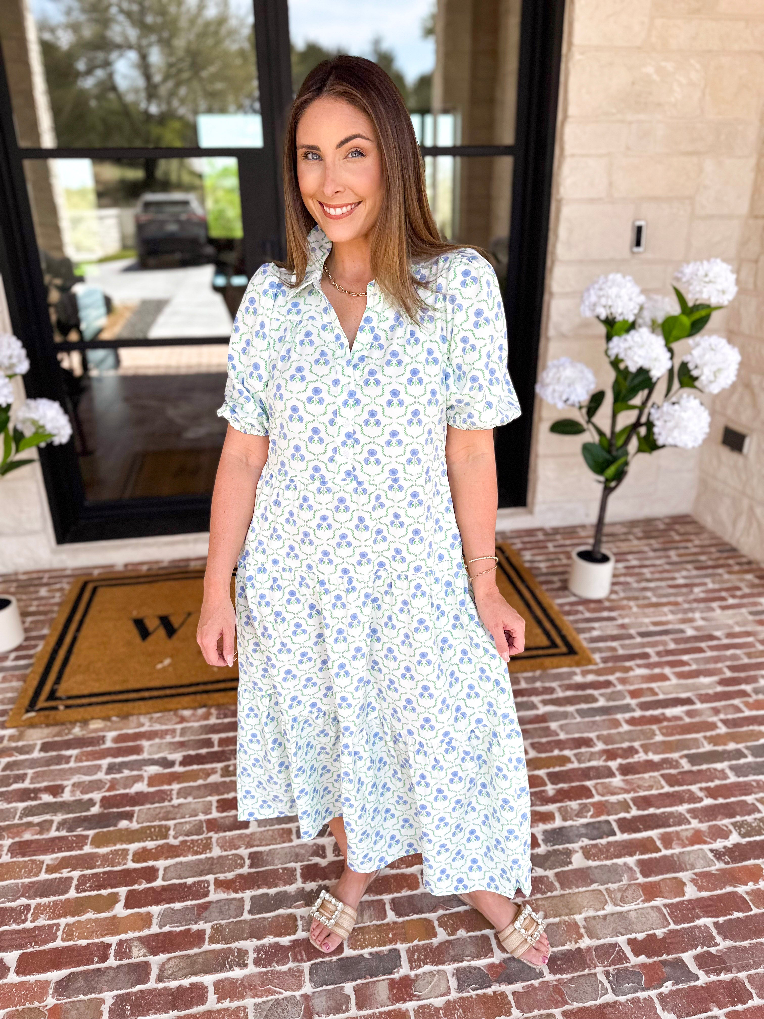 Mary Square - Eloise Lattice Blue Midi Dress-500 Midi-MARY SQUARE-July & June Women's Fashion Boutique Located in San Antonio, Texas